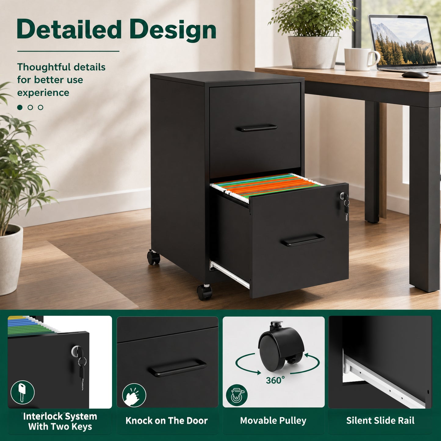 VIYET 2 Drawer Mobile File Cabinet with Lock, Rolling Metal Filing Cabinet for Letter & Legal Files, Under Desk Office Storage with Anti-Tip Kit, Black