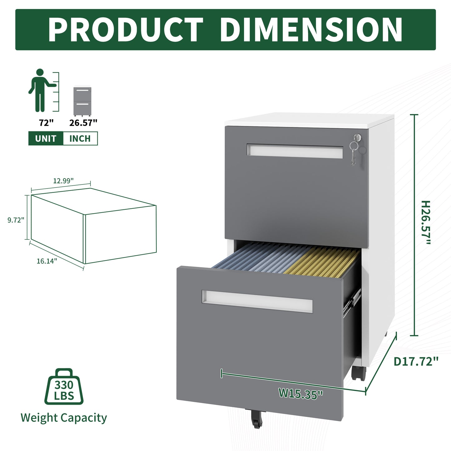 VIYET 18H" 2-Drawer Mobile File Cabinet,All-Steel Lockable Storage on 360°Wheels,Fully Assembled for Home/Commercial Office (Holds A4/Letter/Legal,White)