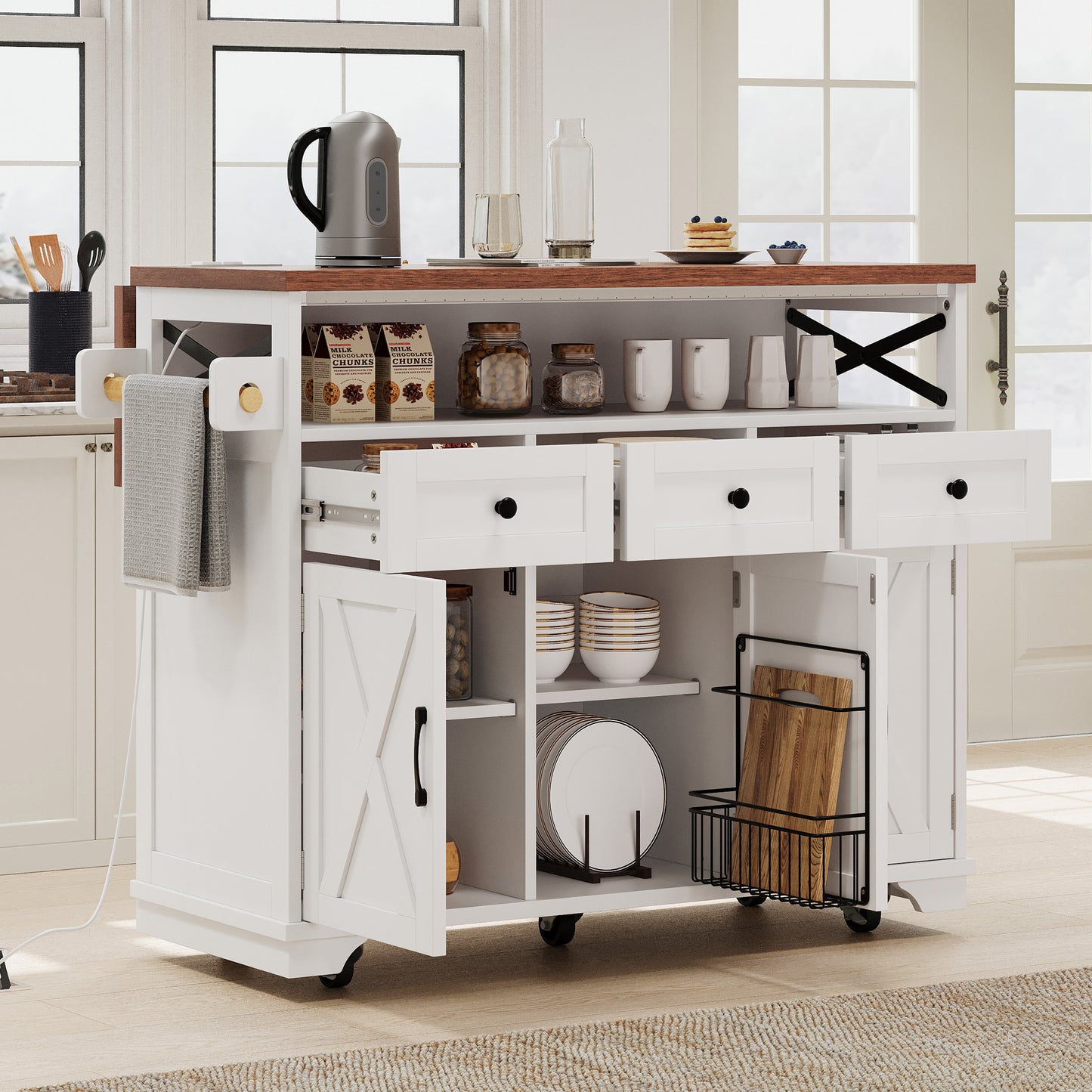 VIYET 39" K&K Farmhouse Rolling Kitchen Island, White MDF Cart w/ Bead Drape, Power Outlet & Drop Leaf (3 Doors+3 Drawers+Internal Iron Shelf)