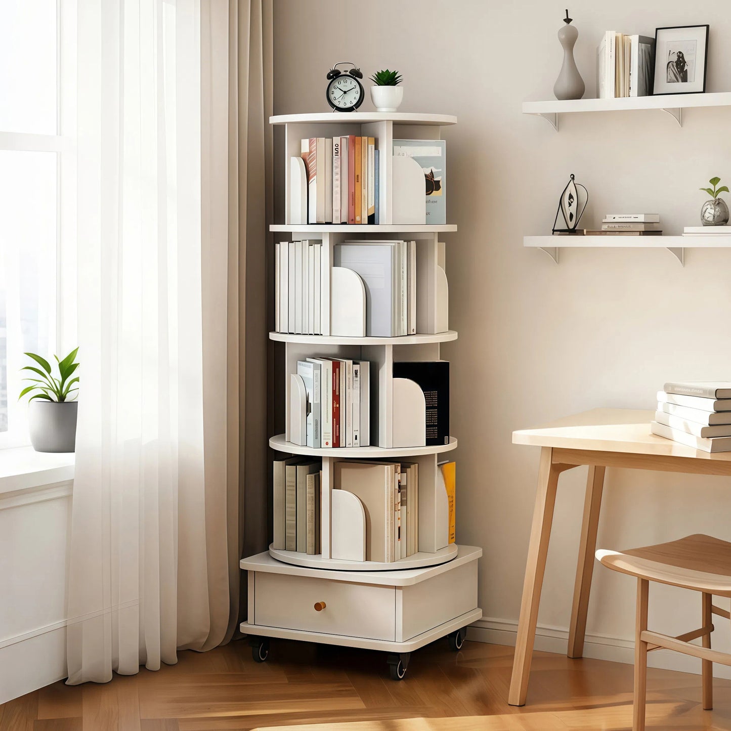 VIYET 56" 5-Tier 360° Rotating Bookshelf, Oak MDF Tower w/ Wheels&Drawer (Space-Saving Storage for Home/Office),white