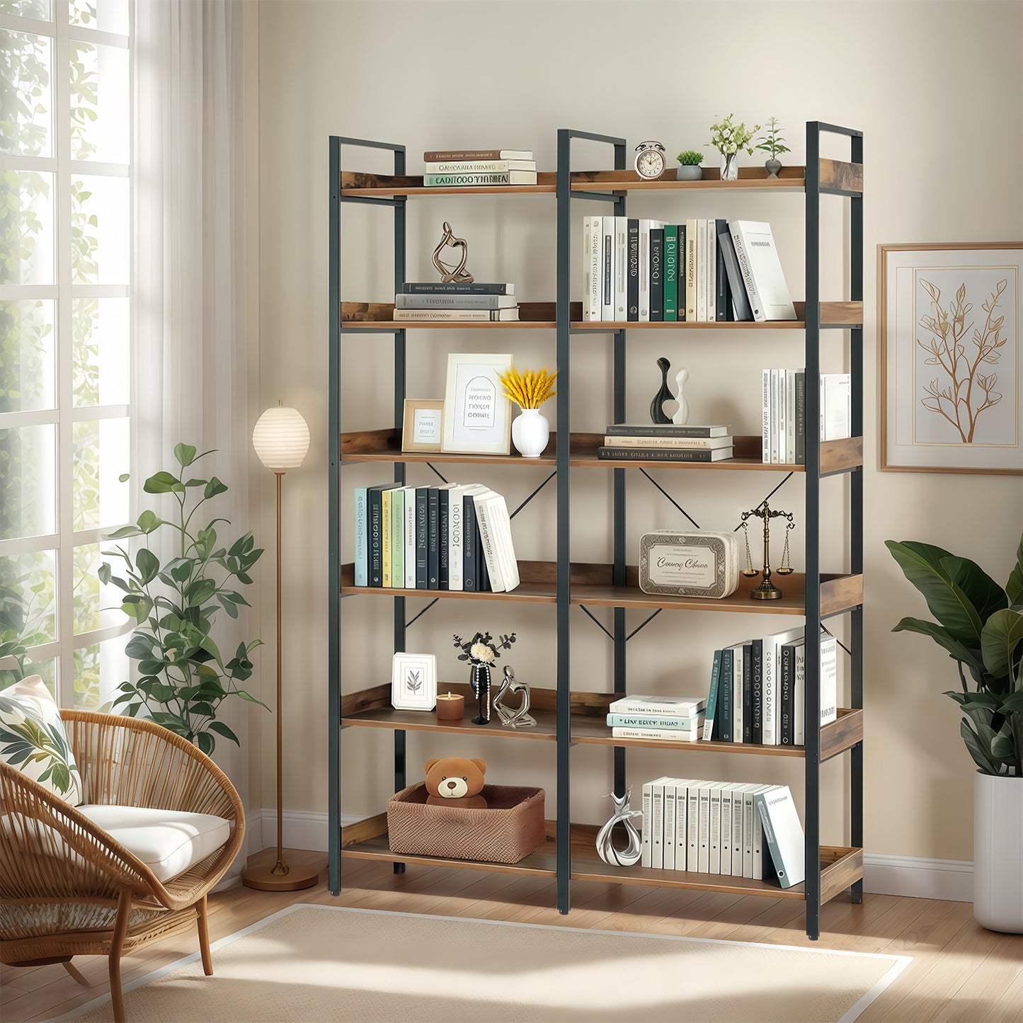 VIYET 69" 6-Tier Industrial Bookshelf, Brown MDF+Metal Frame Open Shelf Bookcase (Freestanding Storage & Display for Home/Office)