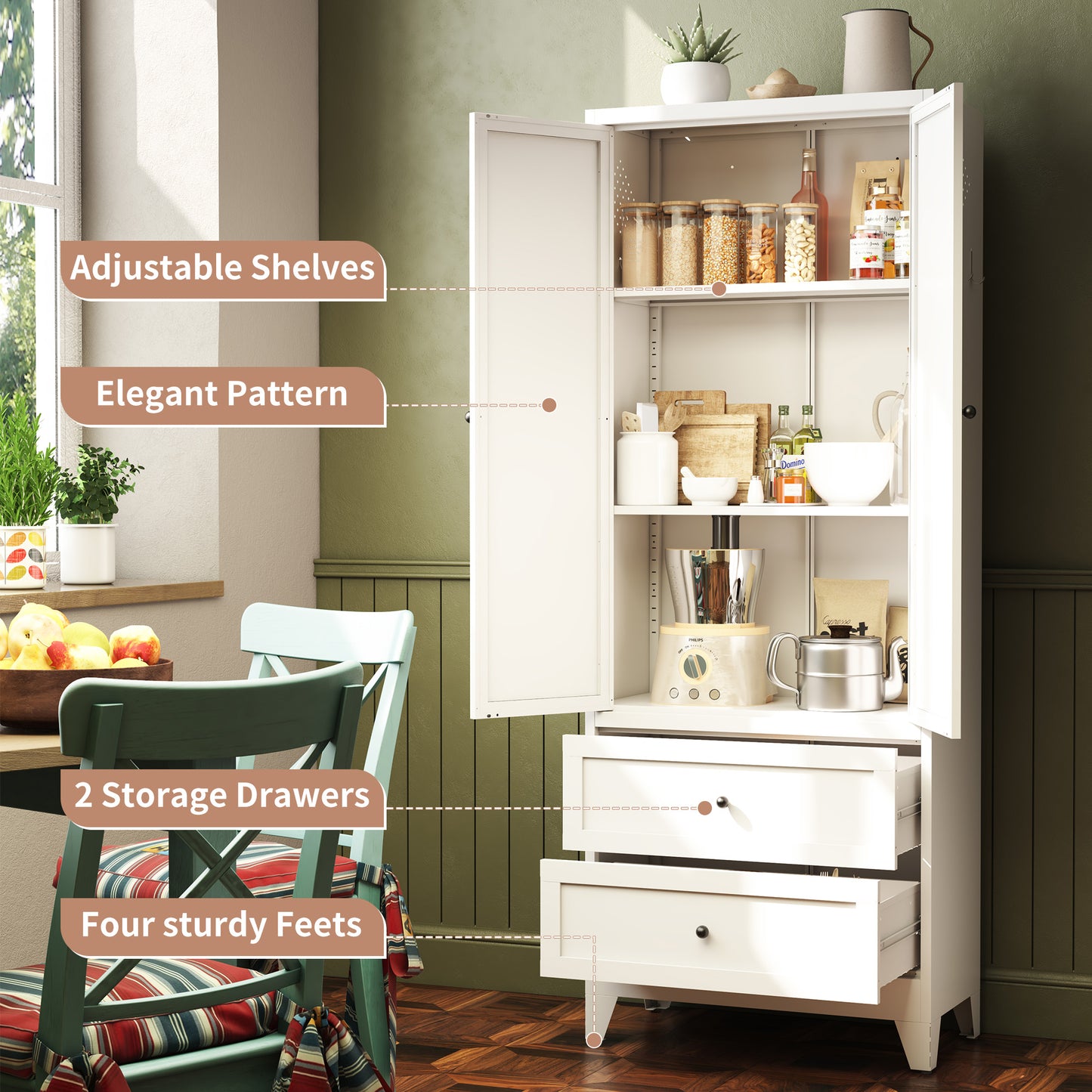VIYET 72"H Heavy-Duty Steel Pantry Cabinet,2 Drawers+2 Adjustable Shelves,60LBS/Level Freestanding for Kitchen/Pantry/Dining Room (White)