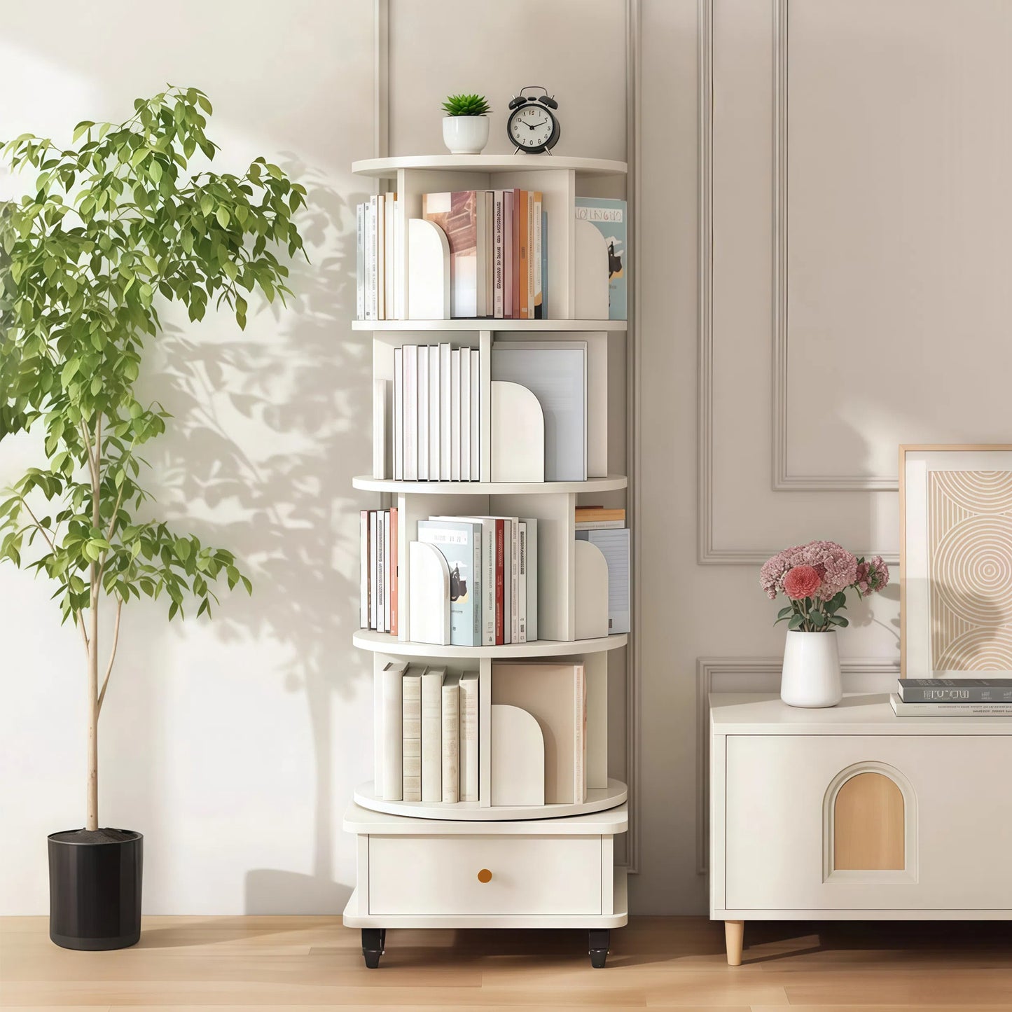 VIYET 56" 5-Tier 360° Rotating Bookshelf, Oak MDF Tower w/ Wheels&Drawer (Space-Saving Storage for Home/Office),white