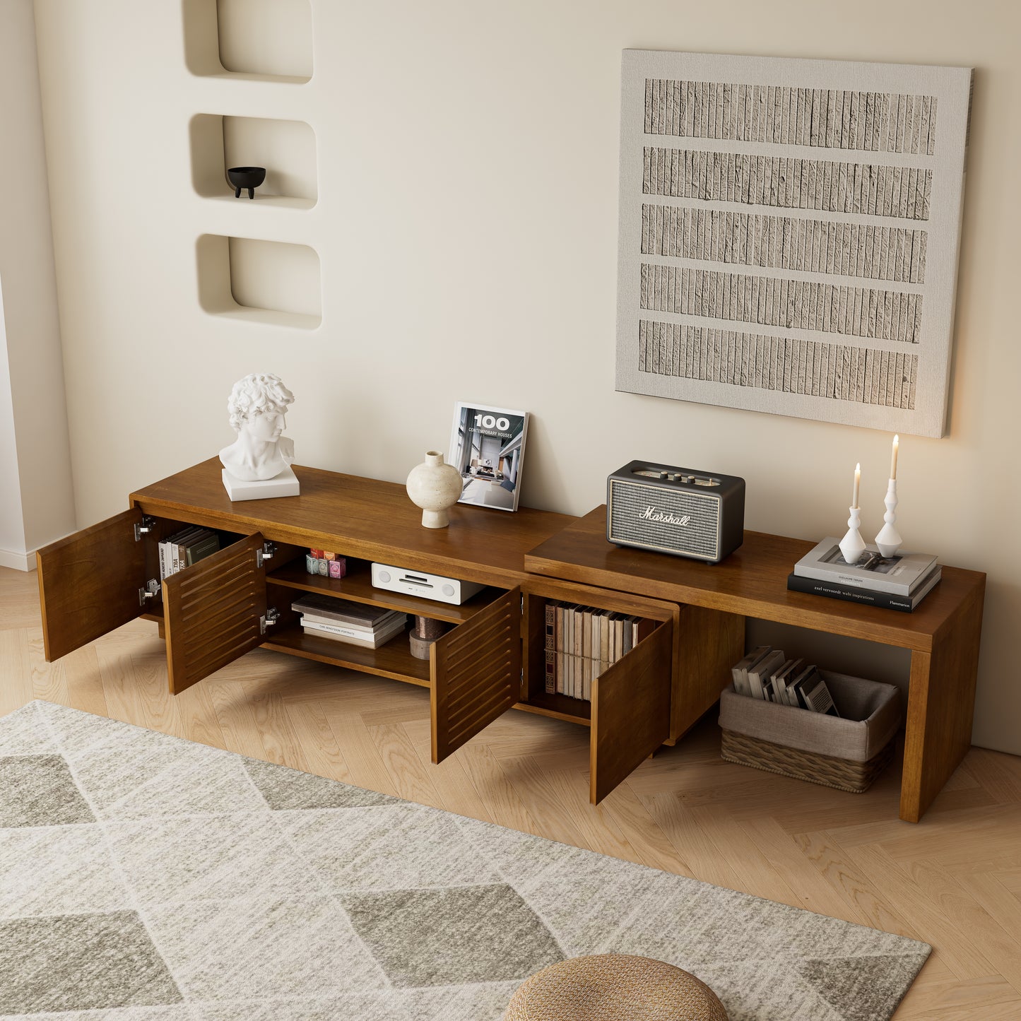 VIYET 63"Mid-Century Modern Extendable TV Stand for 55"-75" TVs, Farmhouse Media Console w/ Storage & Adjustable Panel, Brown Ebony