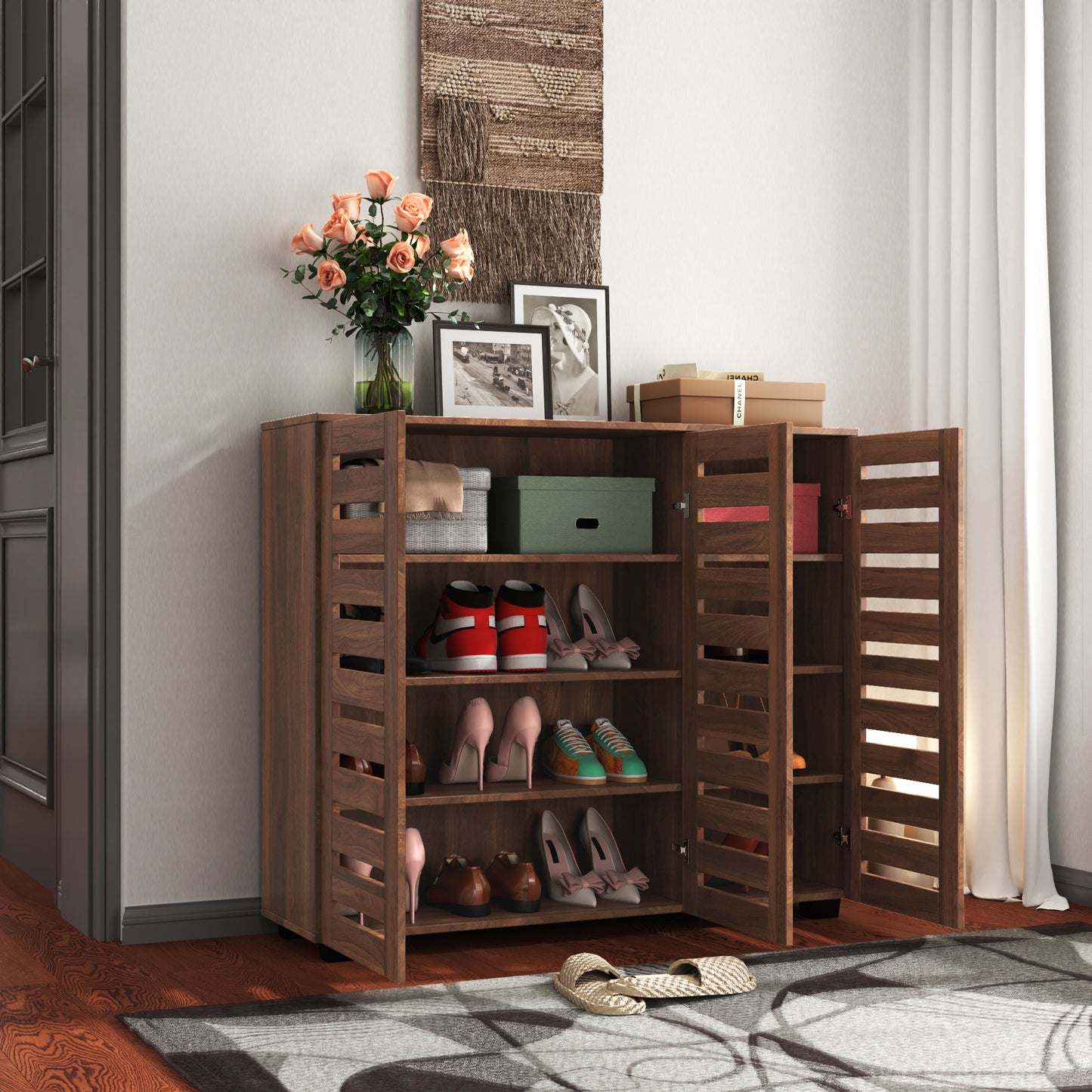 VIYET 38.7" 5-Tier Shoe Cabinet, Walnut Particle Board+MDF Organizer w/ Adjustable Shelves & Louvered Doors
