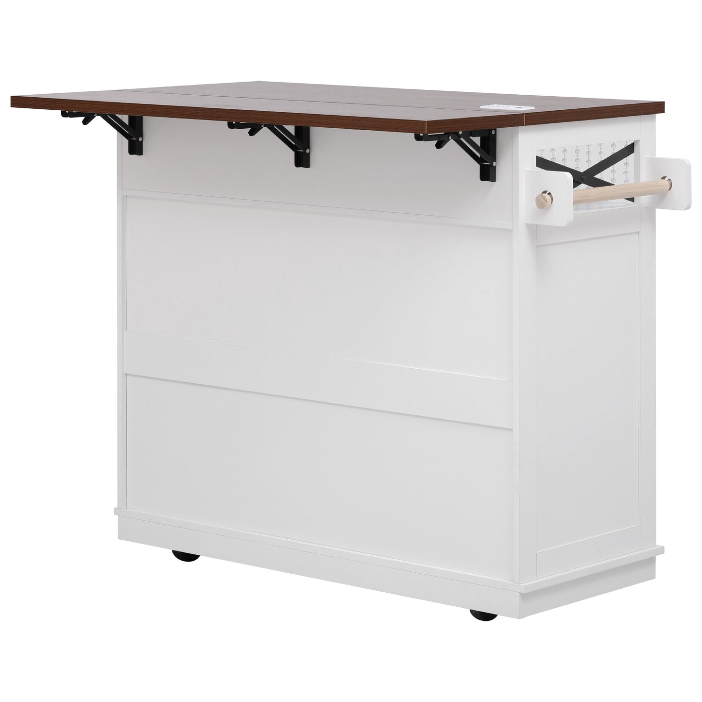 VIYET 39" K&K Farmhouse Rolling Kitchen Island, White MDF Cart w/ Bead Drape, Power Outlet & Drop Leaf (3 Doors+3 Drawers+Internal Iron Shelf)