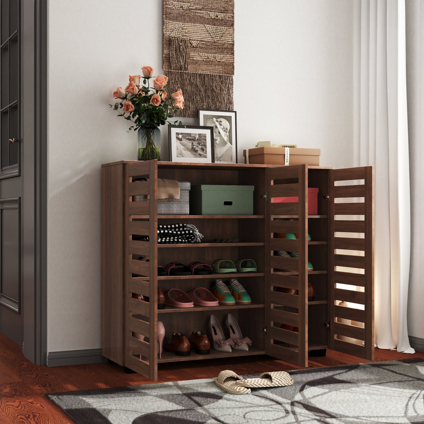 VIYET 38.7" 5-Tier Shoe Cabinet, Walnut Particle Board+MDF Organizer w/ Adjustable Shelves & Louvered Doors
