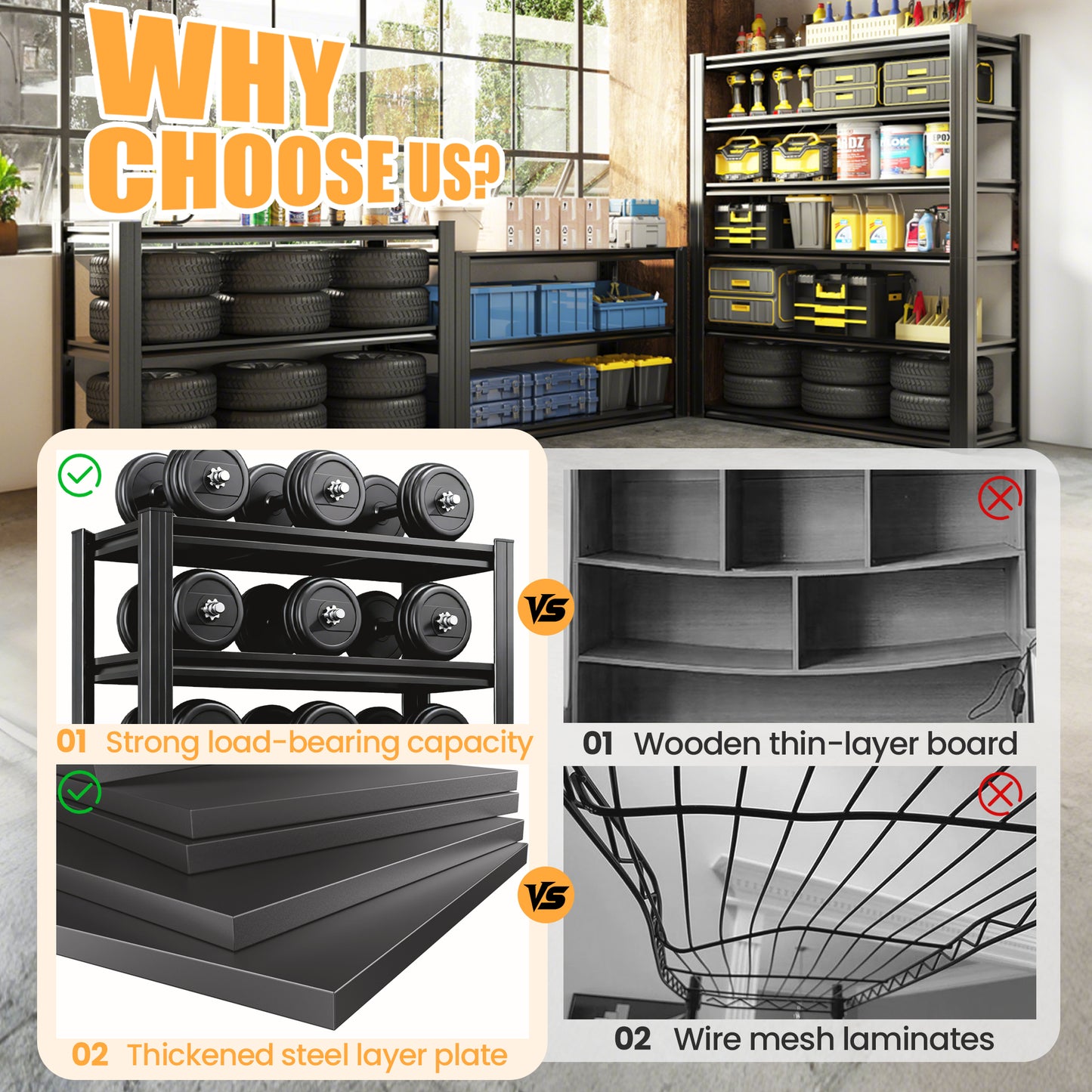 VIYET 5-Tier Heavy Duty Storage Shelves, 1500LBS Adjustable Metal Garage Shelving Unit, Narrow Utility Rack