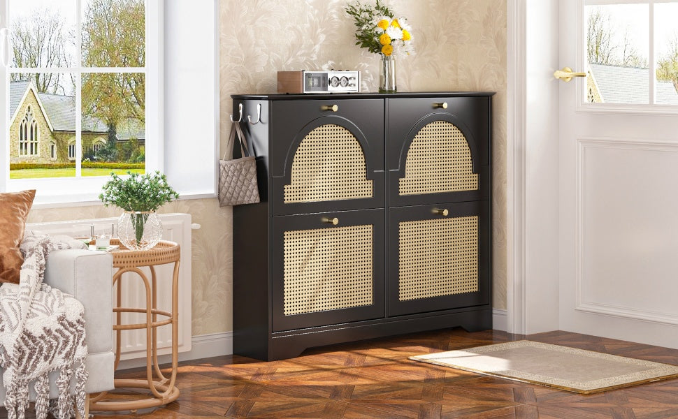 VIYET 35" Mid-Century Narrow Shoe Cabinet, MDF Organizer w/ 4 Rattan Flip Drawers &2 Silver Hooks,Black+white