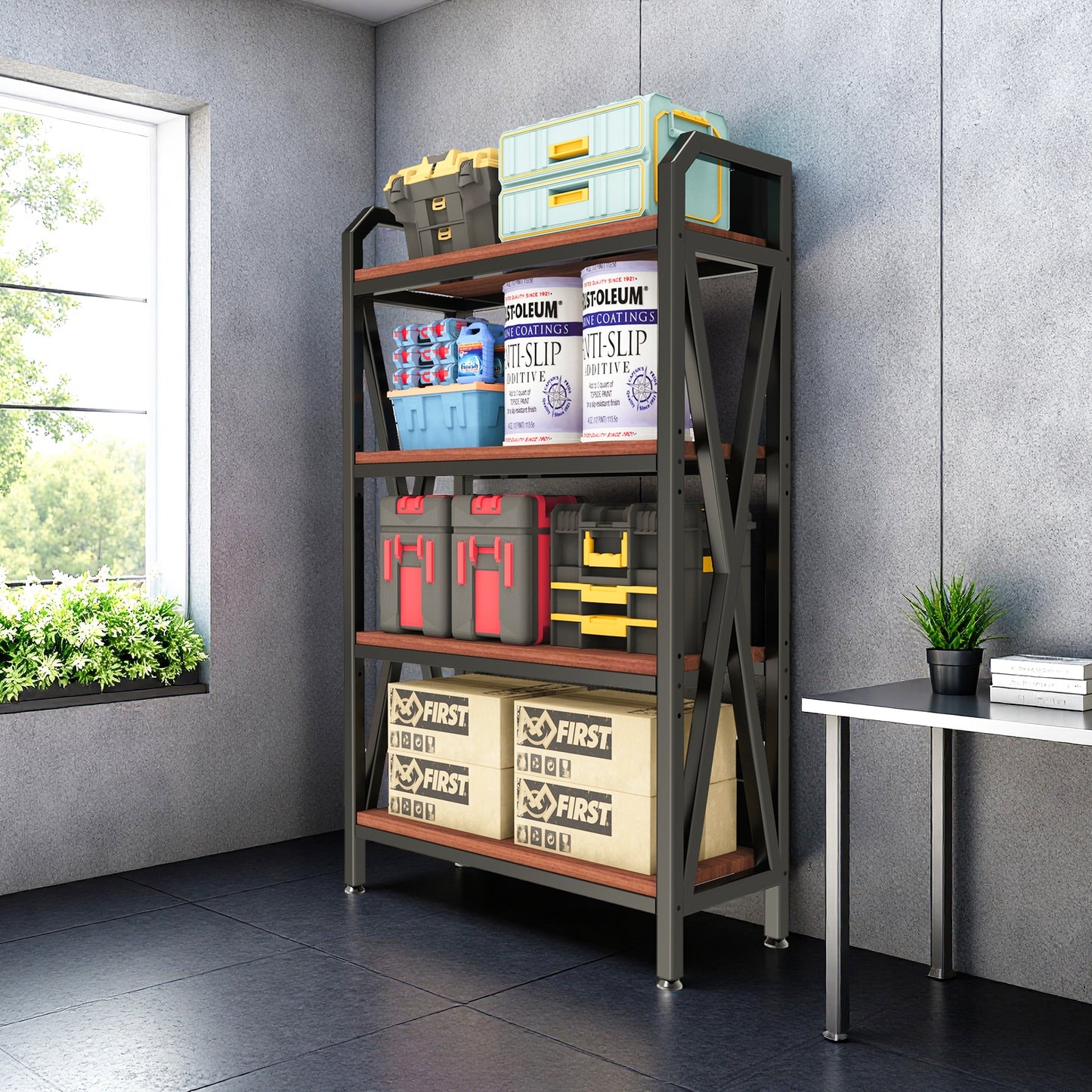 VIYET 56.3"H 4-Level Bakers Rack, Metal & Wooden Kitchen Storage Shelf (Adjustable Multi-Scene Organizer for Garage/Pantry/Bathroom)