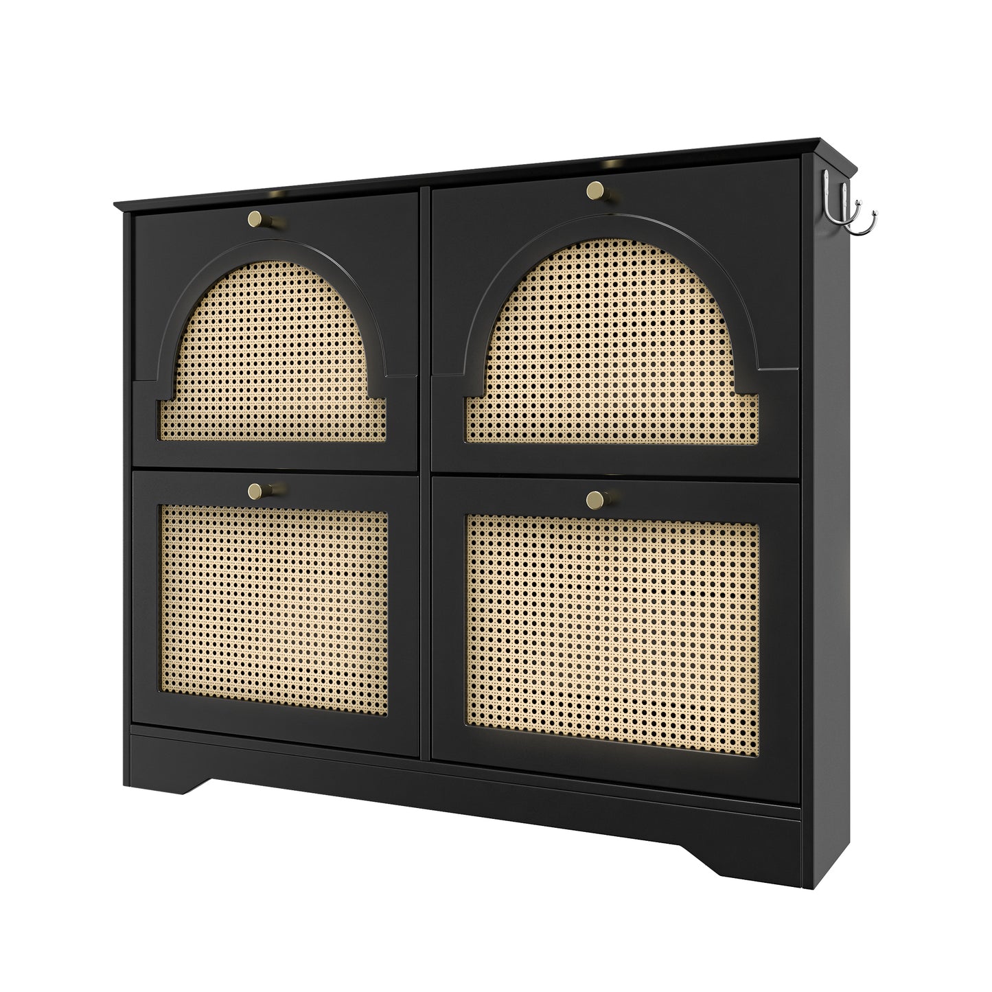 VIYET 35" Mid-Century Narrow Shoe Cabinet, MDF Organizer w/ 4 Rattan Flip Drawers &2 Silver Hooks,Black+white