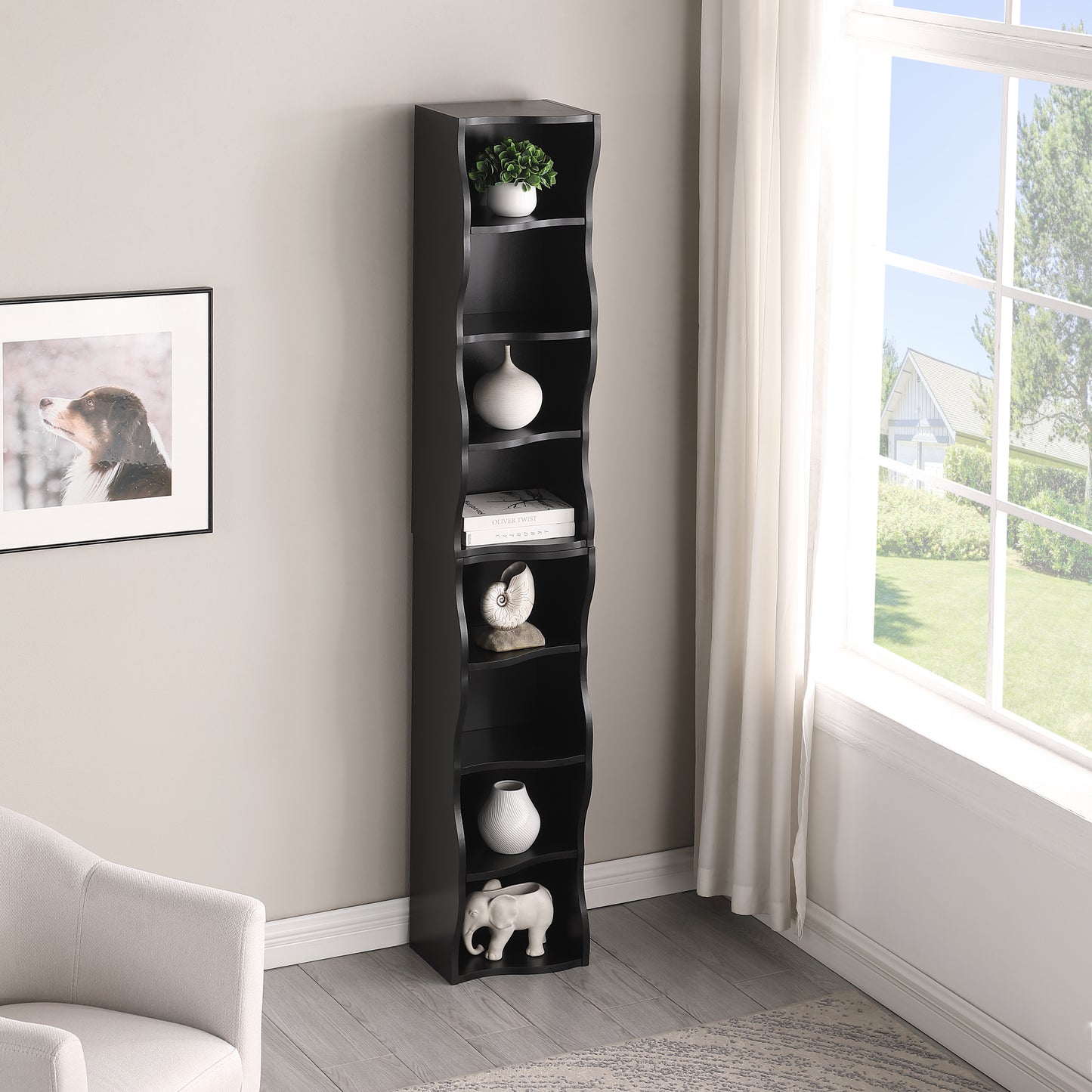 VIYET 71" 8-Tier Ultra-Thin Adjustable Bookshelf, Black MDF Display Rack w/ Wavy Border (Detachable Home Office Organizer)