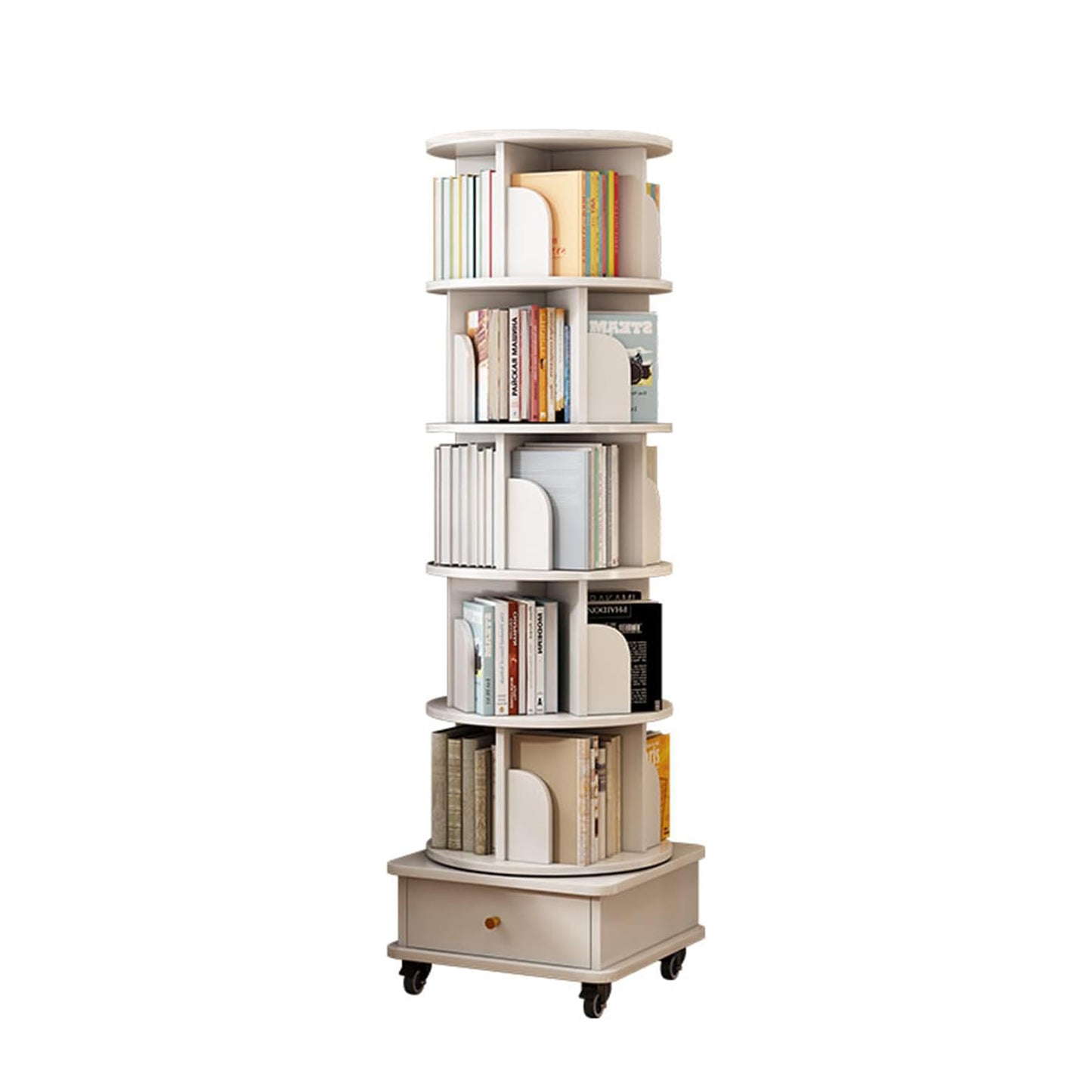 VIYET 68" 6-Tier 360° Rotating Bookshelf, WhiteColor MDF Tower w/ Wheels& Drawer (Space-Saving Storage for Home/Office)