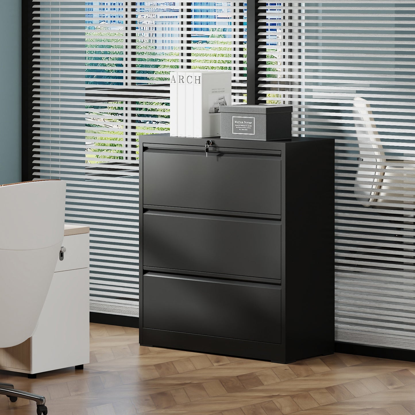 VIYET 40" Tall 3-Drawer Lockable Lateral File Cabinet, Heavy-Duty Metal Office Storage with Silent Full-Extension Drawers and Anti-Tilt, Fits Letter, Legal & A4