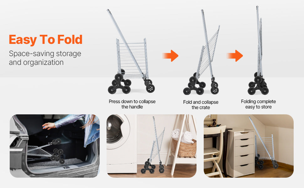VIYET 45L Stair Climbing Storage Cart, 360° Swivel Wheels, Tri-Wheels, Foldable Collapsible Lightweight Utility Cart for Laundry Travel, Silver