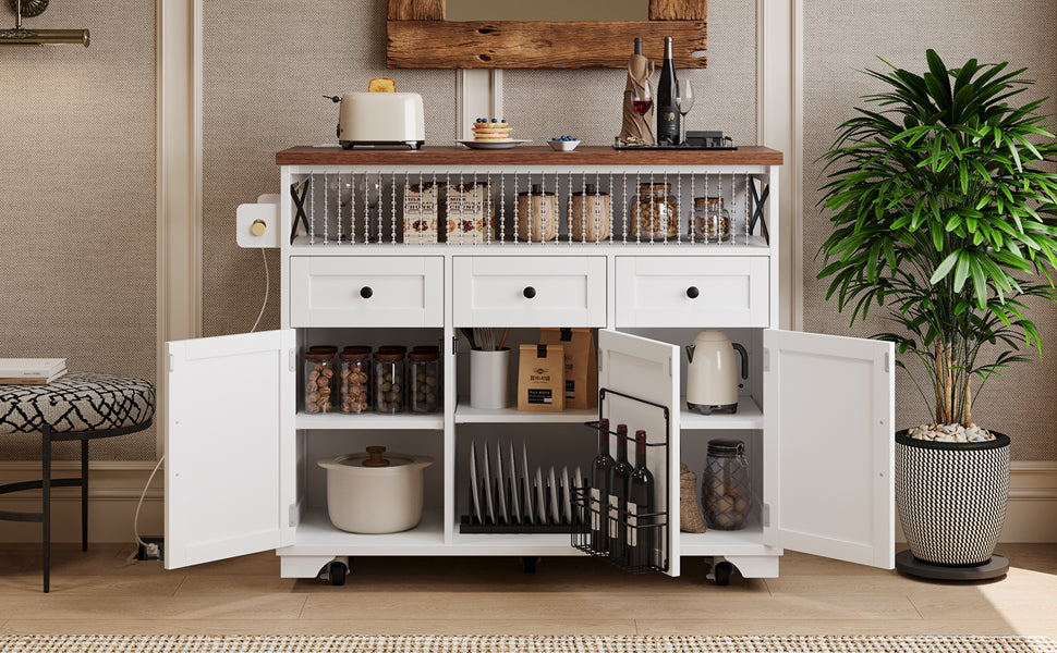 VIYET 39" K&K Farmhouse Rolling Kitchen Island, White MDF Cart w/ Bead Drape, Power Outlet & Drop Leaf (3 Doors+3 Drawers+Internal Iron Shelf)