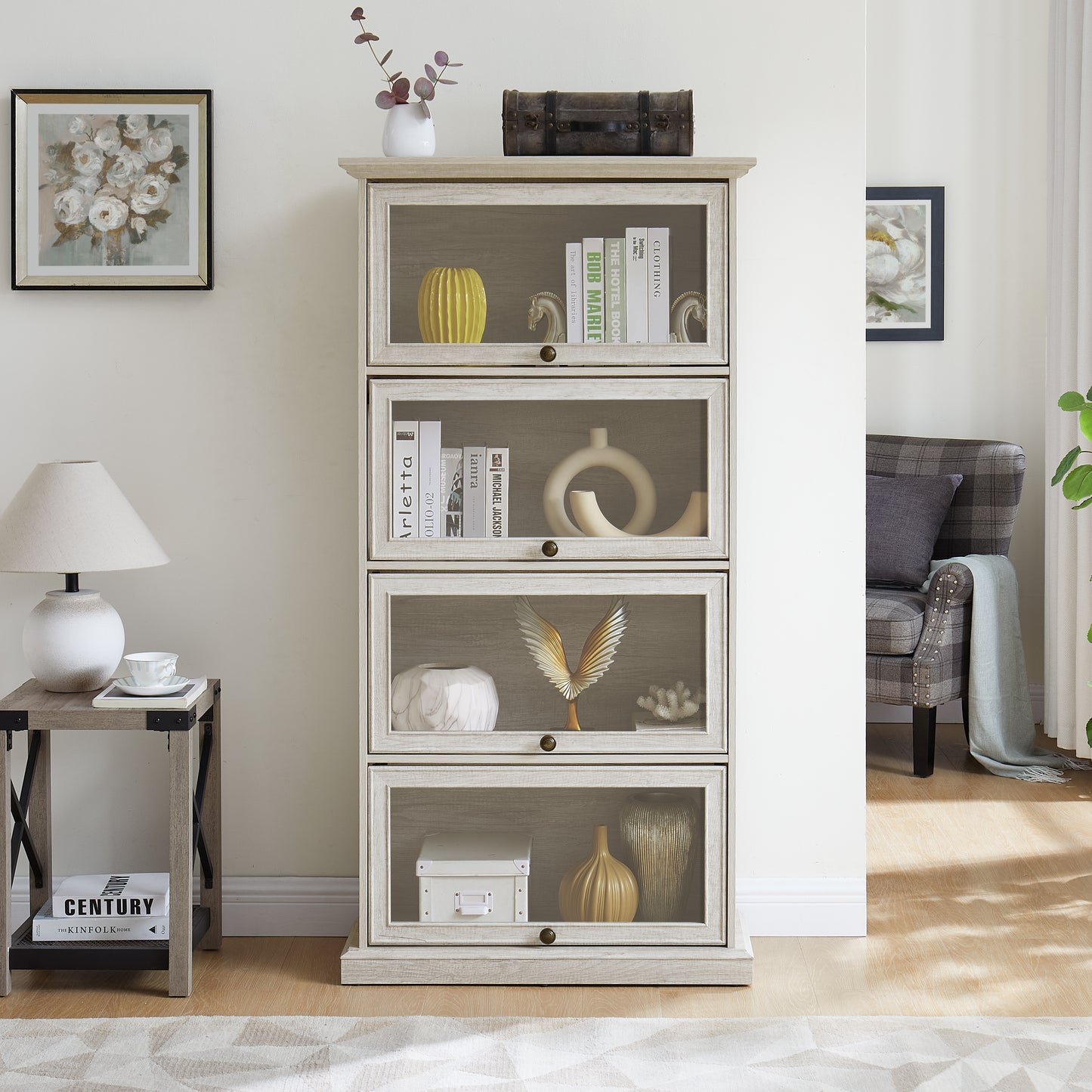 VIYET 63" 4-Tier Glass Display Cabinet, White MDF+Tempered Glass Curio Cabinet (Flip-up Doors for Collectibles/Toys/Books)