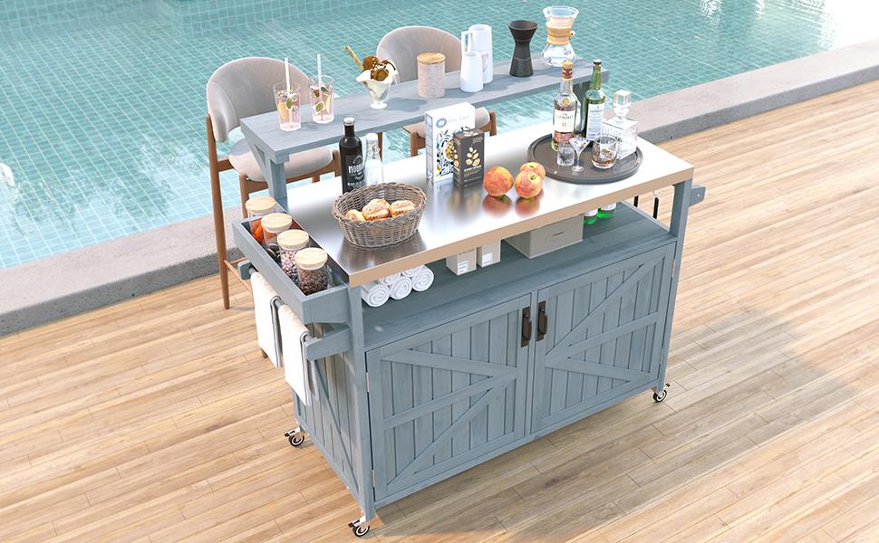 VIYET 43" K&K Outdoor Kitchen Island, Grey-Blue Solid Wood Grill Cart w/ Stainless Steel Top (Raised Shelf+Adjustable Storage Rack)