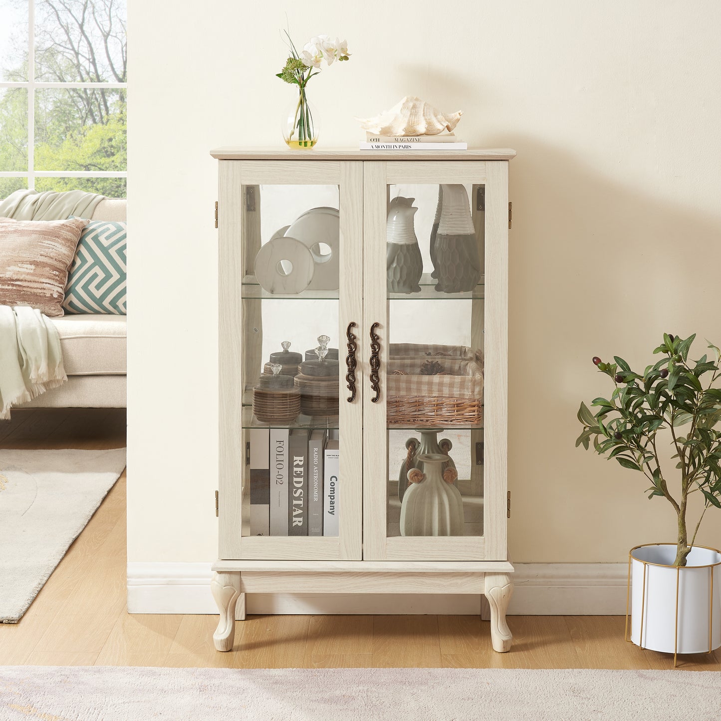 VIYET 44" Lighted Curio Cabinet, White MDF+Glass Display w/ Tempered Glass Doors & Adjustable Shelves (Mirrored Back, Bulb Included)