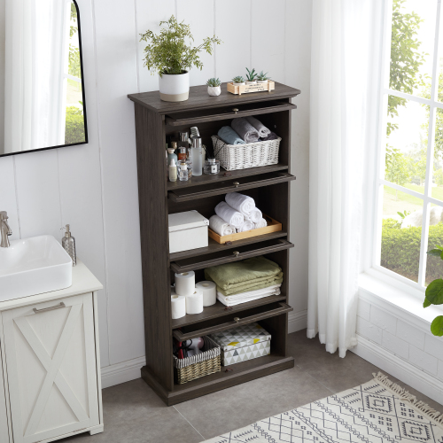 VIYET 63" 4-Tier Glass Display Cabinet, Brown MDF+Tempered Glass Curio Cabinet (Flip-up Doors for Collectibles/Toys/Books)