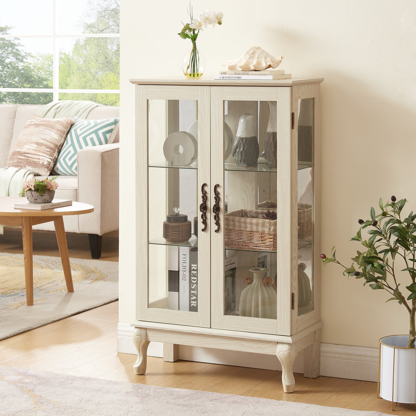 VIYET 44" Lighted Curio Cabinet, White MDF+Glass Display w/ Tempered Glass Doors & Adjustable Shelves (Mirrored Back, Bulb Included)