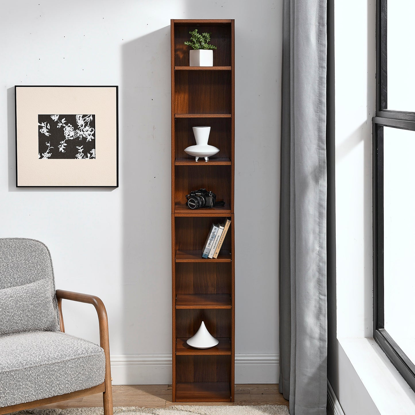 VIYET 11.6"×9.3"×70.9" 8-Tier Media Tower Rack - Walnut MDF, Adjustable Shelves