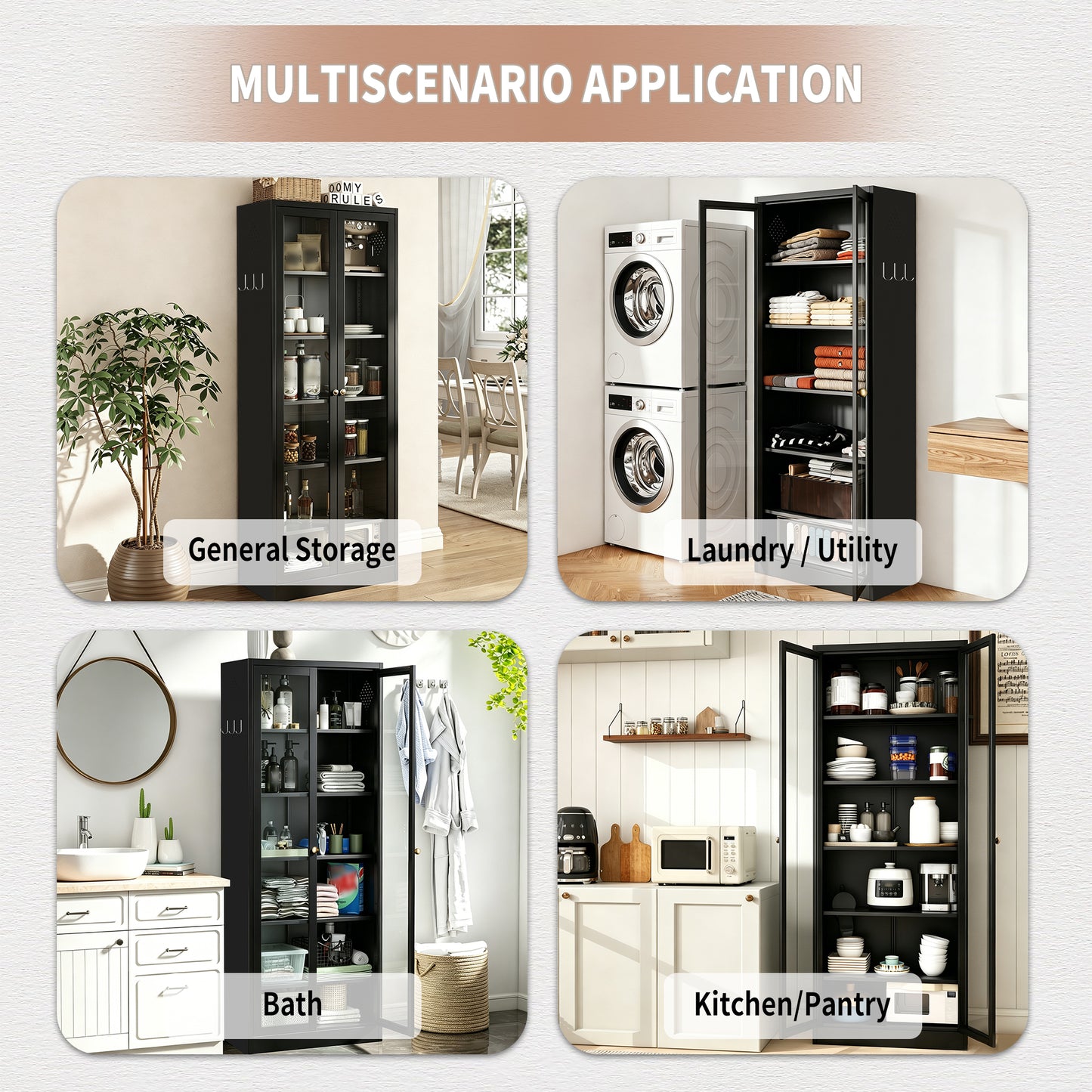 VIYET Metal Pantry Cabinet, 72" Tall Kitchen Storage Cabinet with Glass Doors and 5 Adjustable Shelves, Freestanding Steel Utility Cabinet for Kitchen, Bathroom, Pantry, Black