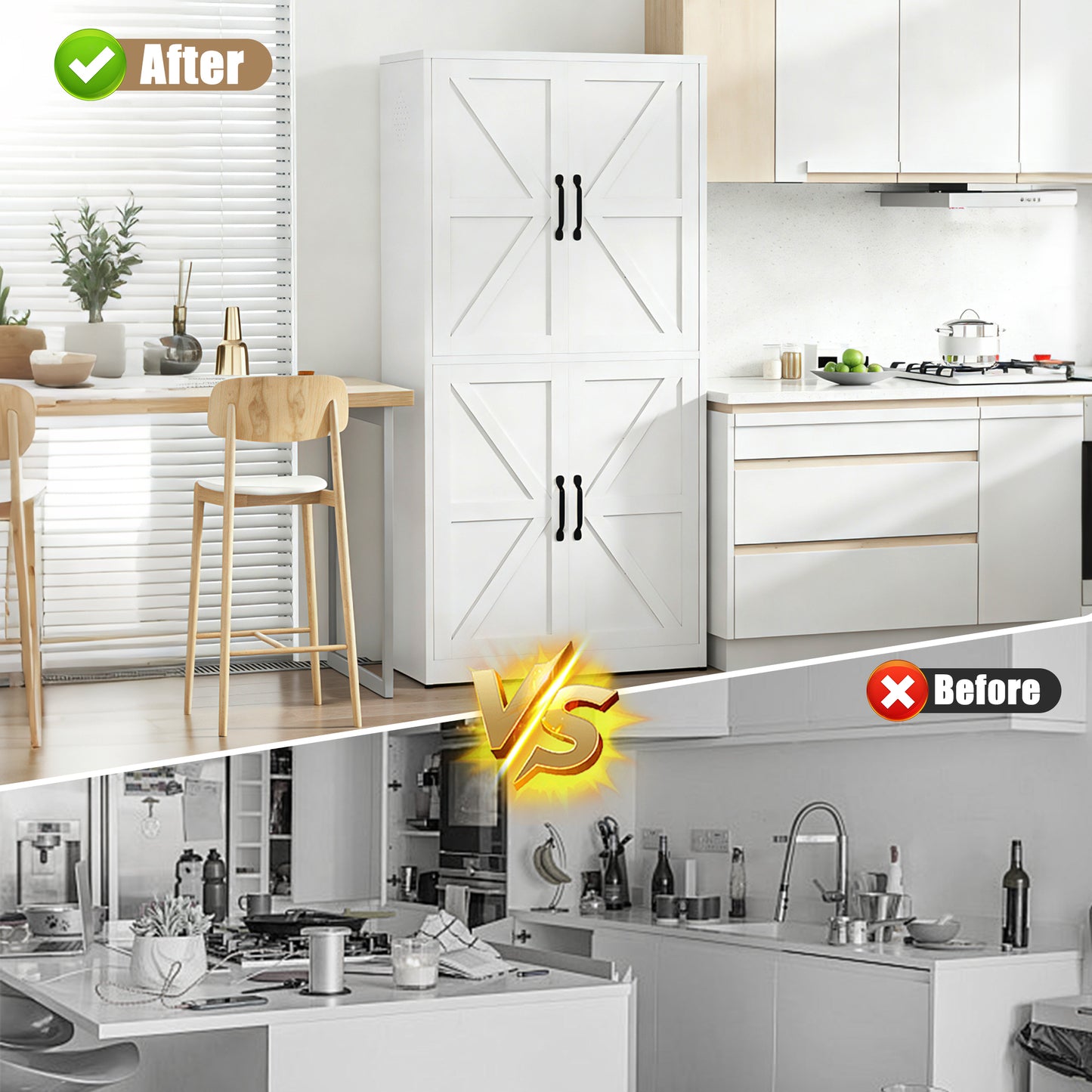 VIYET 64"H Heavy-Duty White Steel Pantry Cabinet,55LBS/Shelf Adjustable Shelves+Magnetic Door,for Kitchen/Bathroom/Living Room