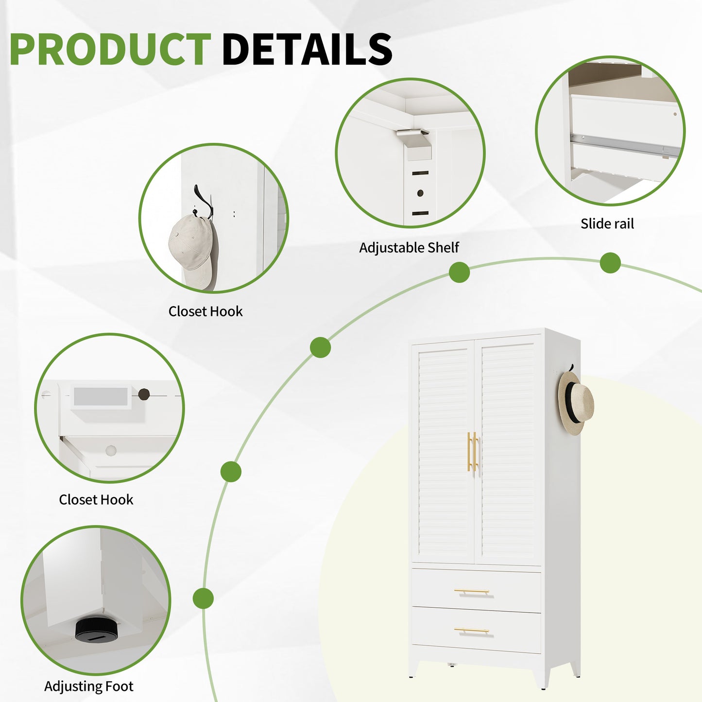 VIYET 71" Metal Wardrobe Closet with 2 Doors & 2 Drawers, Freestanding Steel Storage Cabinet with Hanging Rod & Adjustable Shelf