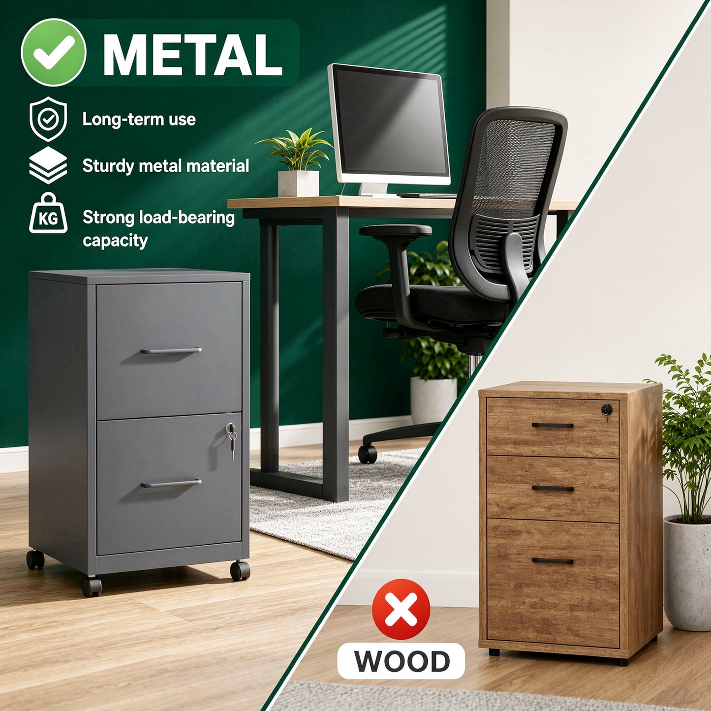 VIYET 2 Drawer Mobile File Cabinet with Lock, Rolling Metal Filing Cabinet for Letter & Legal Files, Under Desk Office Storage with Anti-Tip Kit, Black