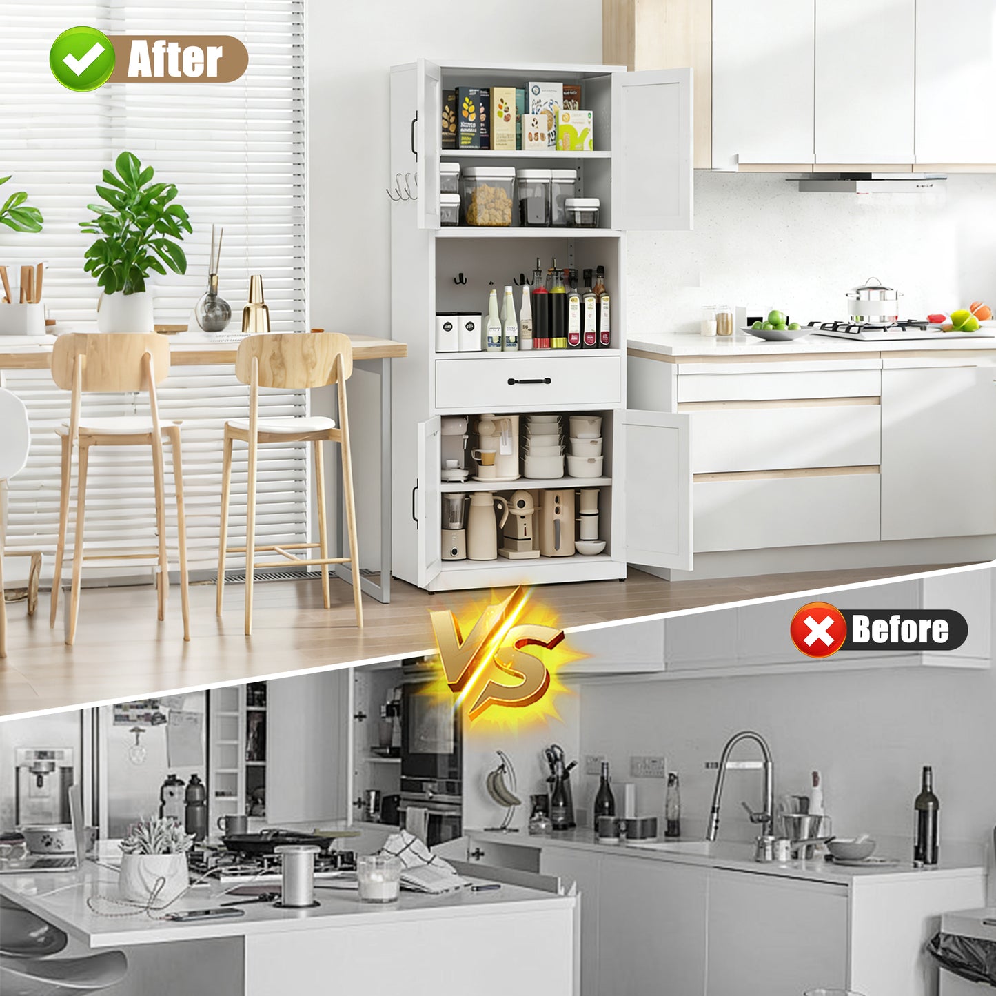 VIYET 71"H Heavy-Duty White Steel Pantry Cabinet,Large Countertop+Adjustable Shelves+Drawers+Hooks,Modern Storage for Kitchen/Bathroom/Living Room