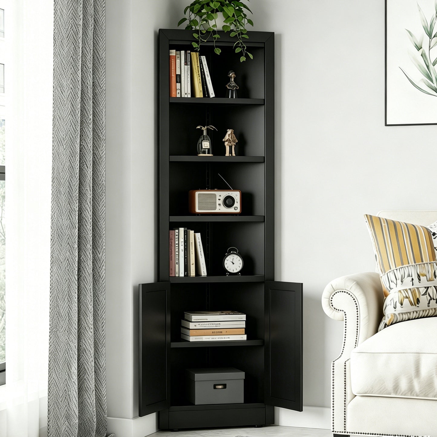 VIYET 71" Tall Black Corner Storage Cabinet, 5-Tier Freestanding Metal Corner Organizer with Adjustable Shelves & Doors