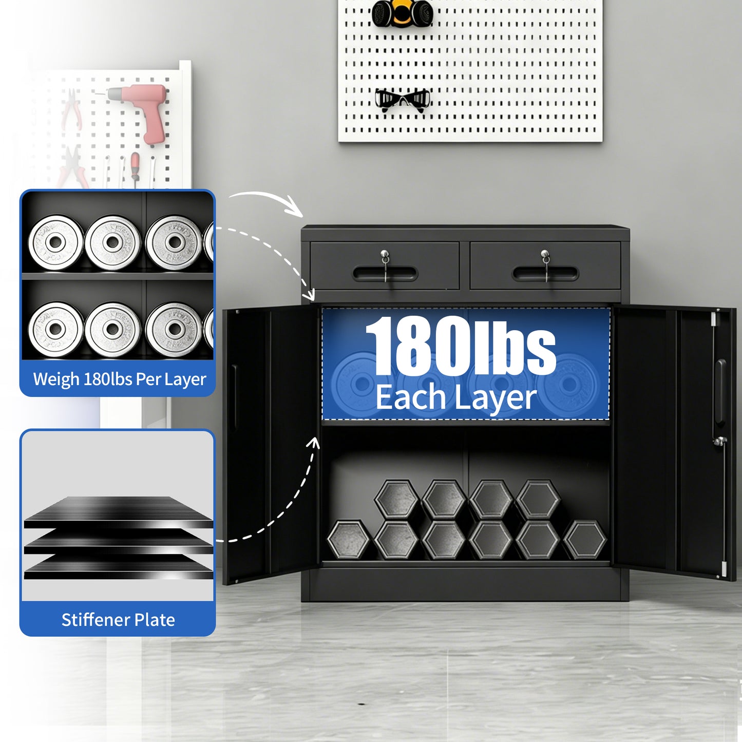 VIYET 35" Metal Storage Cabinet with Lock & 2 Drawers, Locking Steel Office File Cabinet with Adjustable Shelf for Home, Garage & School