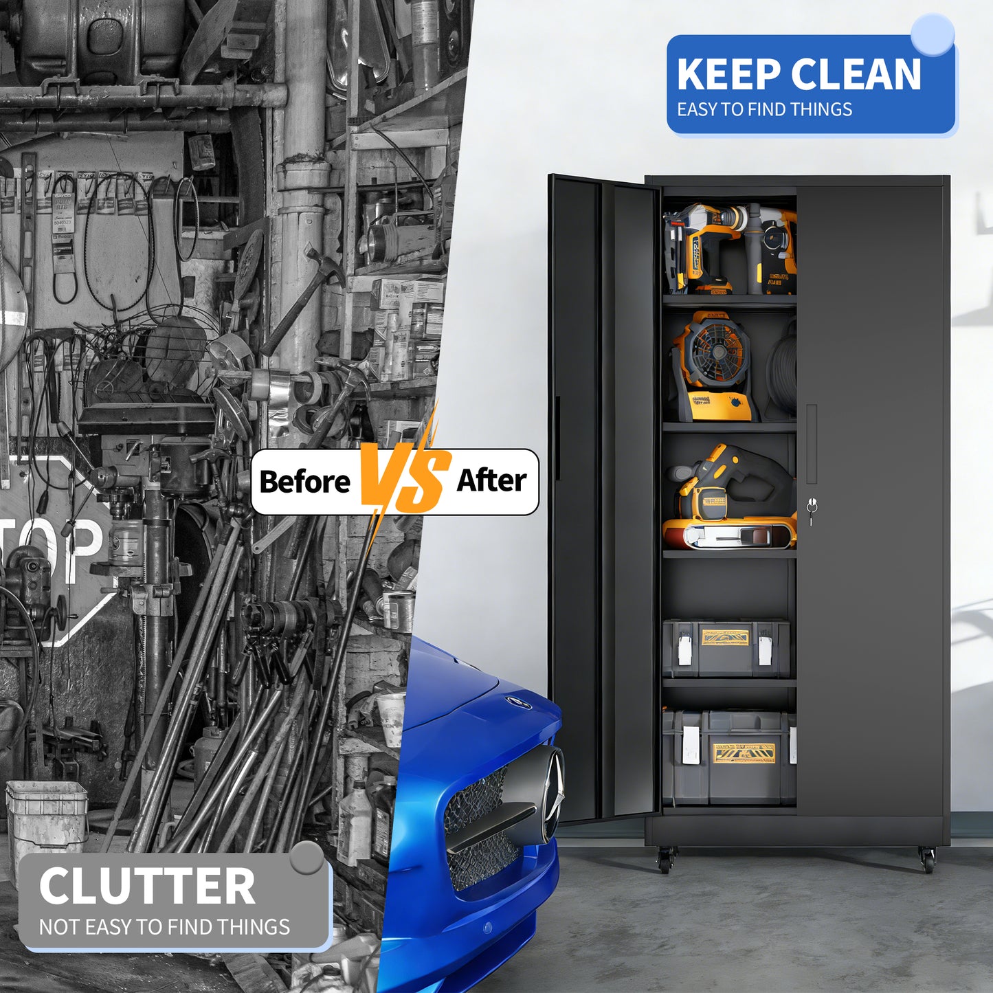 VIYET 71"H Rolling Garage Storage Cabinet,Heavy-Duty Metal Lockable Cabinet w/ 4 Adjustable Shelves (Mobile Tool Organizer for Workshop/Office)
