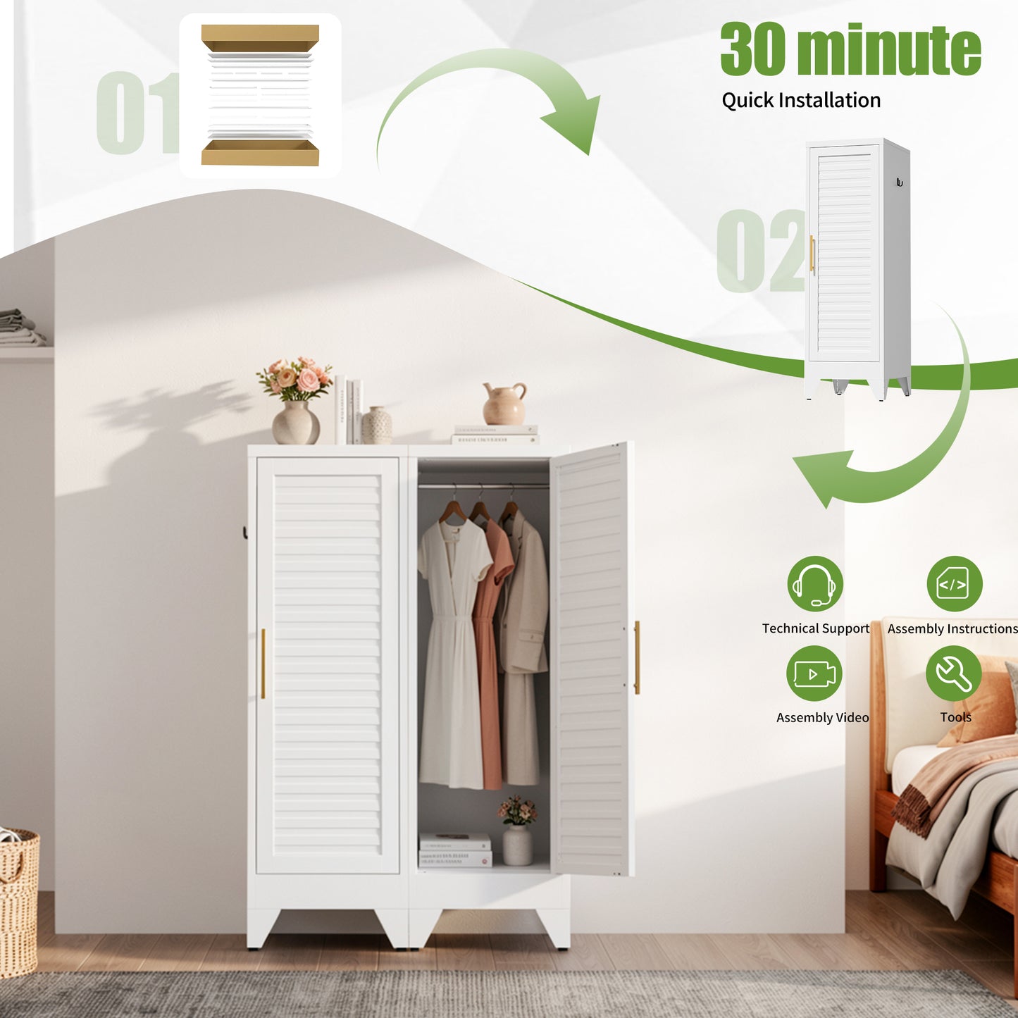 VIYET 47.2" Narrow Metal Wardrobe Closet, Slim Storage Cabinet with Louvered Door and Hanging Rail, Freestanding Clothes Organizer for Bedroom, Apartment, Dorm, White