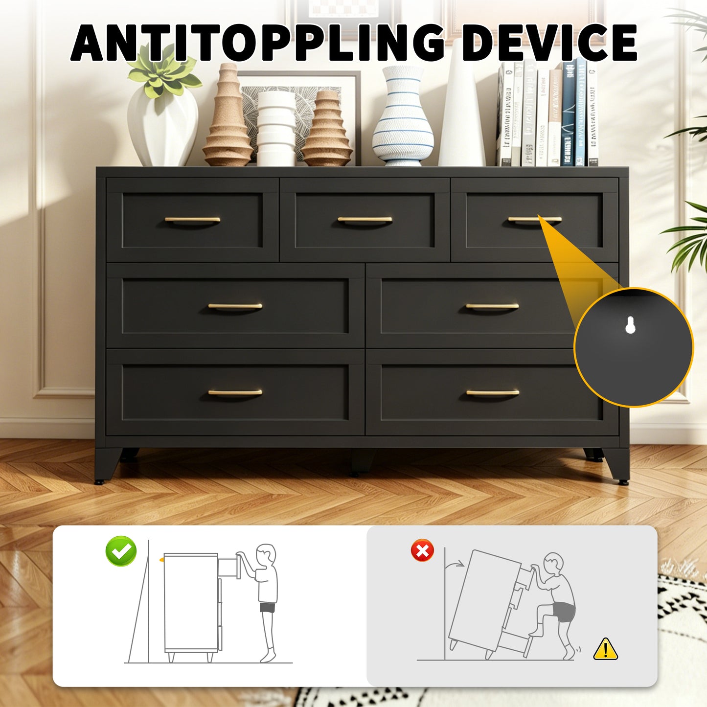 VIYET 7-Drawer Black Dresser, Wide Low-Profile Bedroom Storage Chest with Smooth-Glide Drawers
