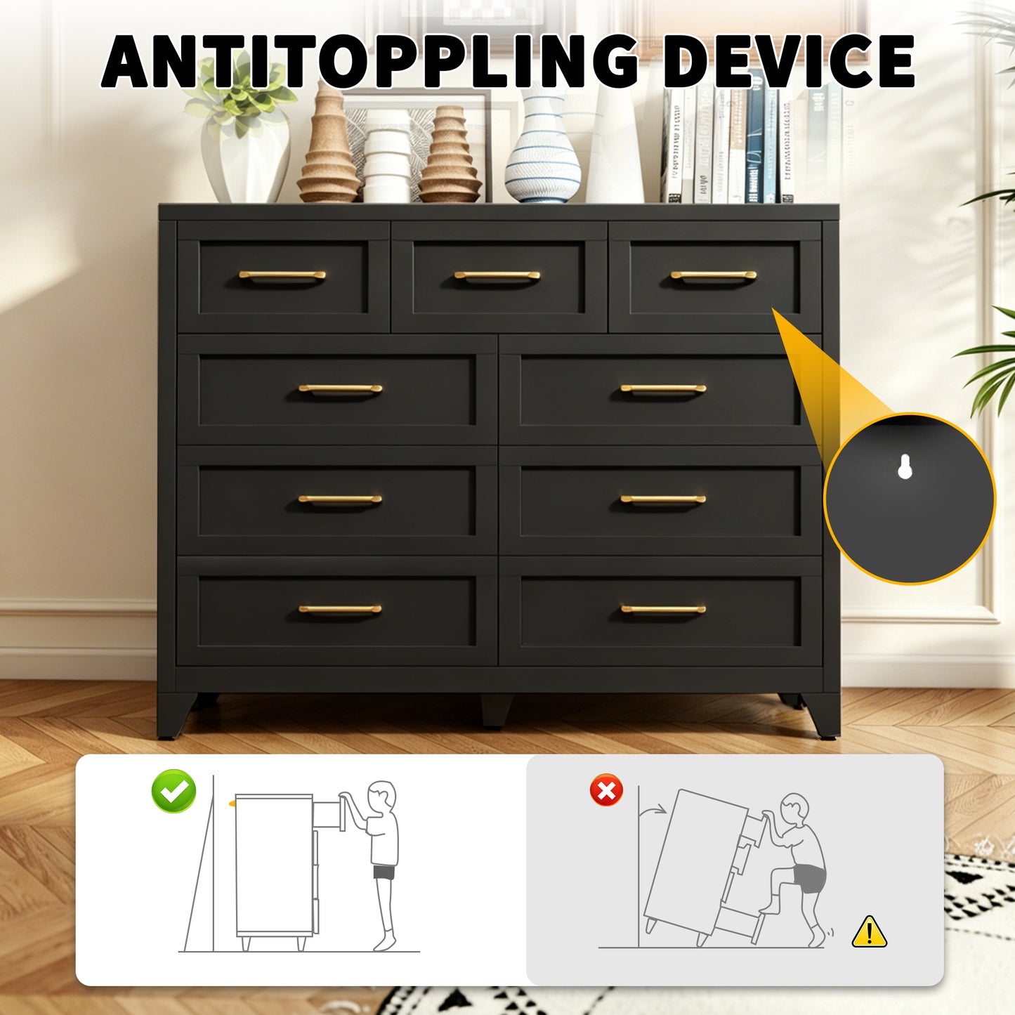 VIYET 9-Drawer Black Dresser for Bedroom, Tall Wide Chest of Drawers with Smooth-Glide Storage