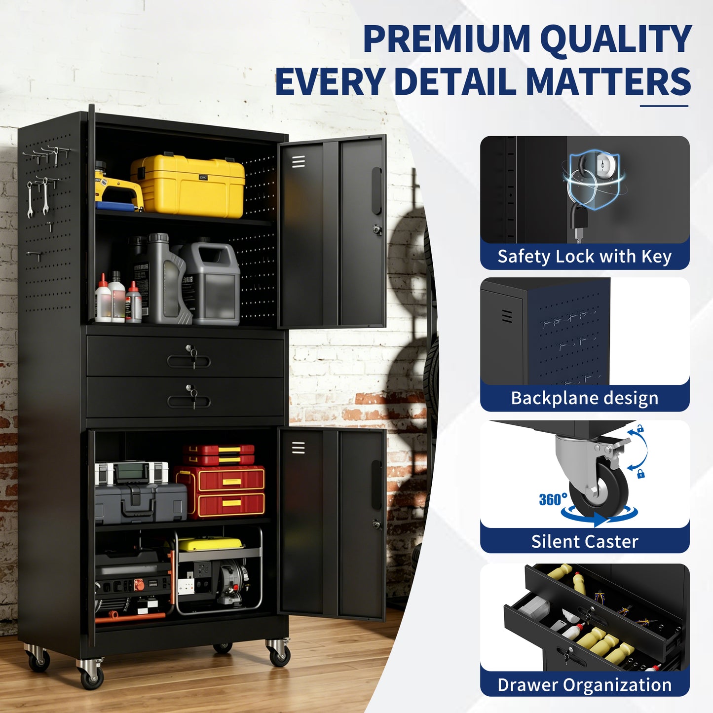VIYET 71" Metal Garage Storage Cabinet with Drawers, Locking Doors, Pegboard, Wheels & Adjustable Shelves for Workshop Utility Room
