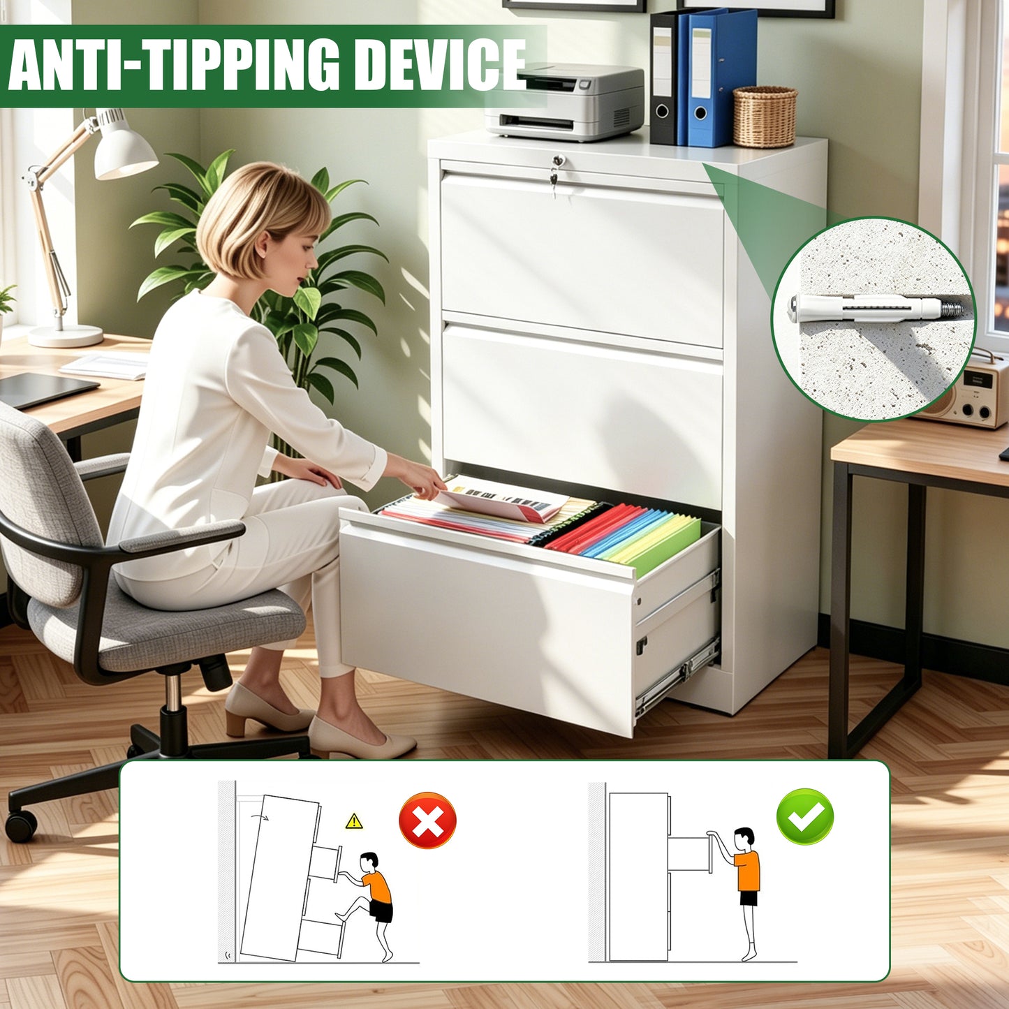 VIYET 3 Drawer Lateral File Cabinet with Lock, White Metal Filing Cabinet for Home Office, Fits Letter, Legal, A4 & F4 Hanging Files