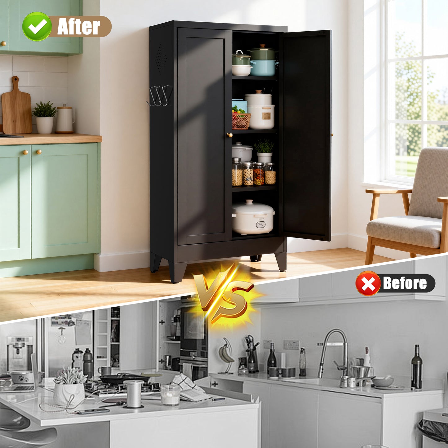 VIYET 47" Black Metal Pantry Cabinet with Adjustable Shelves, Freestanding Kitchen Storage Cabinet with Doors for Pantry, Bathroom & Living Room