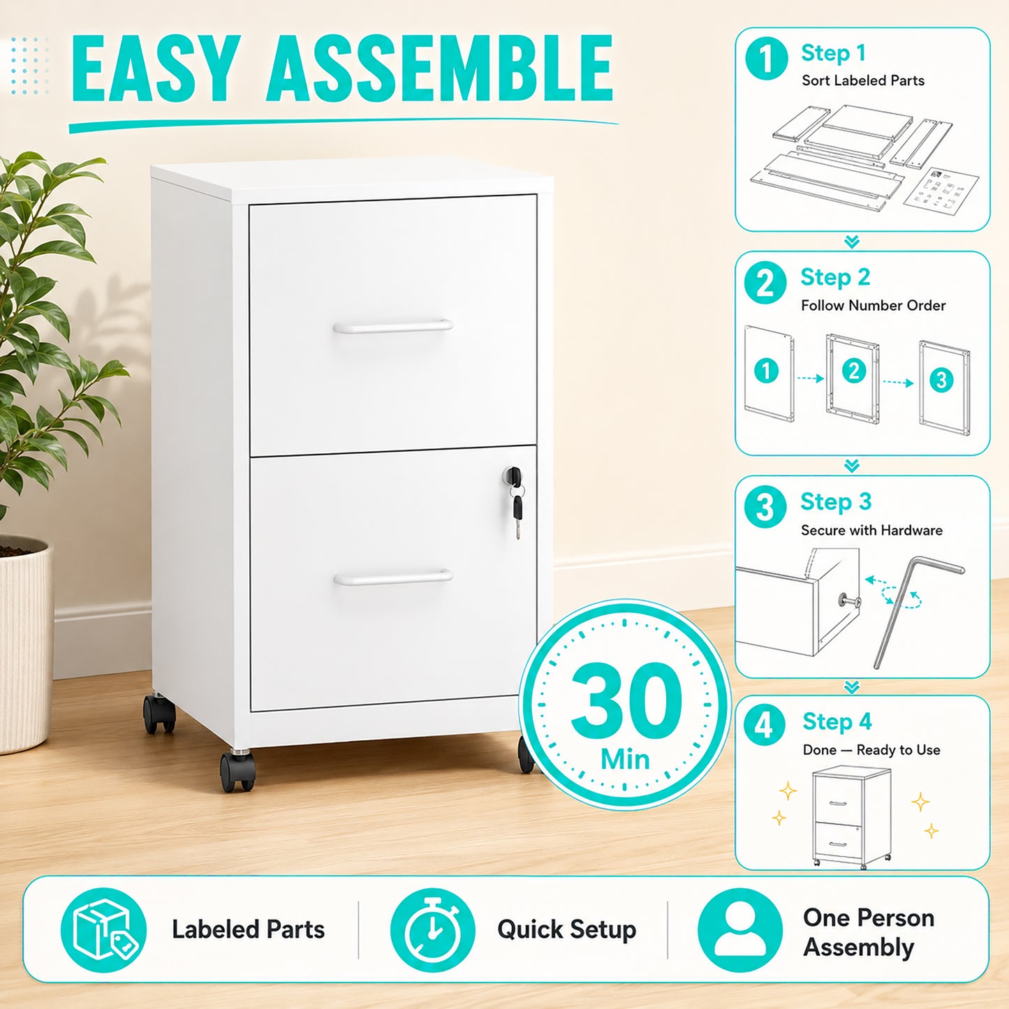 VIYET 25"H 2-Drawer Mobile Lockable File Cabinet with Wheels, Metal Under Desk Rolling Cabinet Fits Letter/Legal/A4