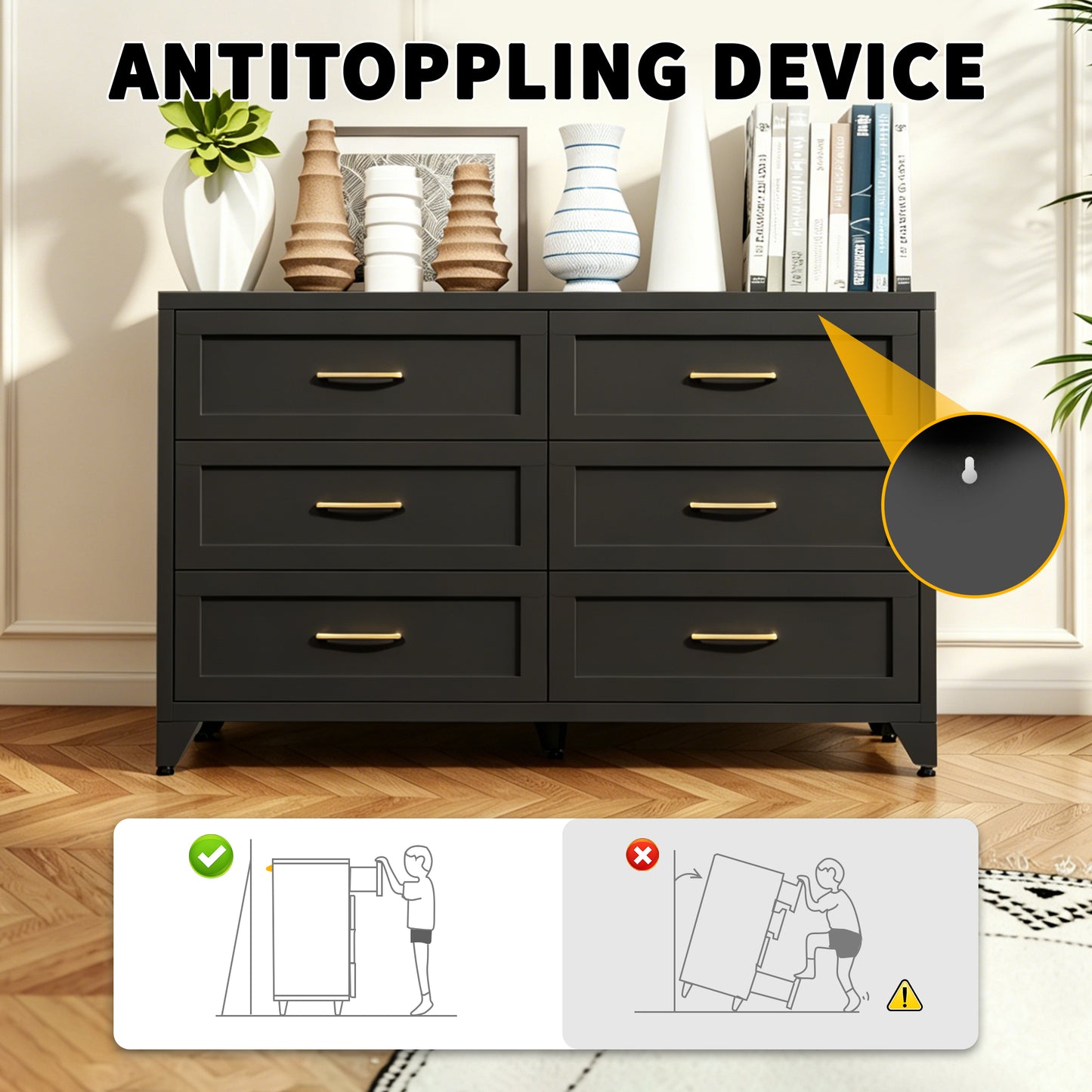 VIYET 6-Drawer Black Dresser for Bedroom, Low-Profile Chest of Drawers with Smooth-Glide Storage
