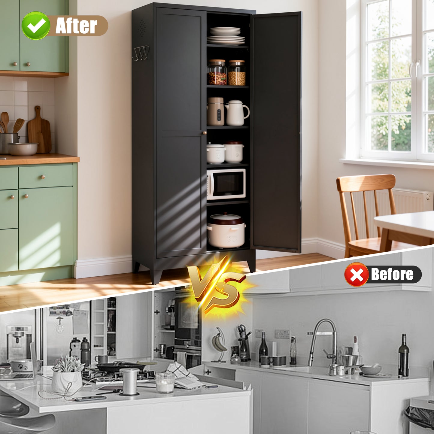 VIYET 75" Metal Kitchen Pantry Cabinet, Tall Freestanding Storage Cabinet with 5 Adjustable Shelves, Heavy Duty Steel Organizer for Kitchen, Dining Room, Black