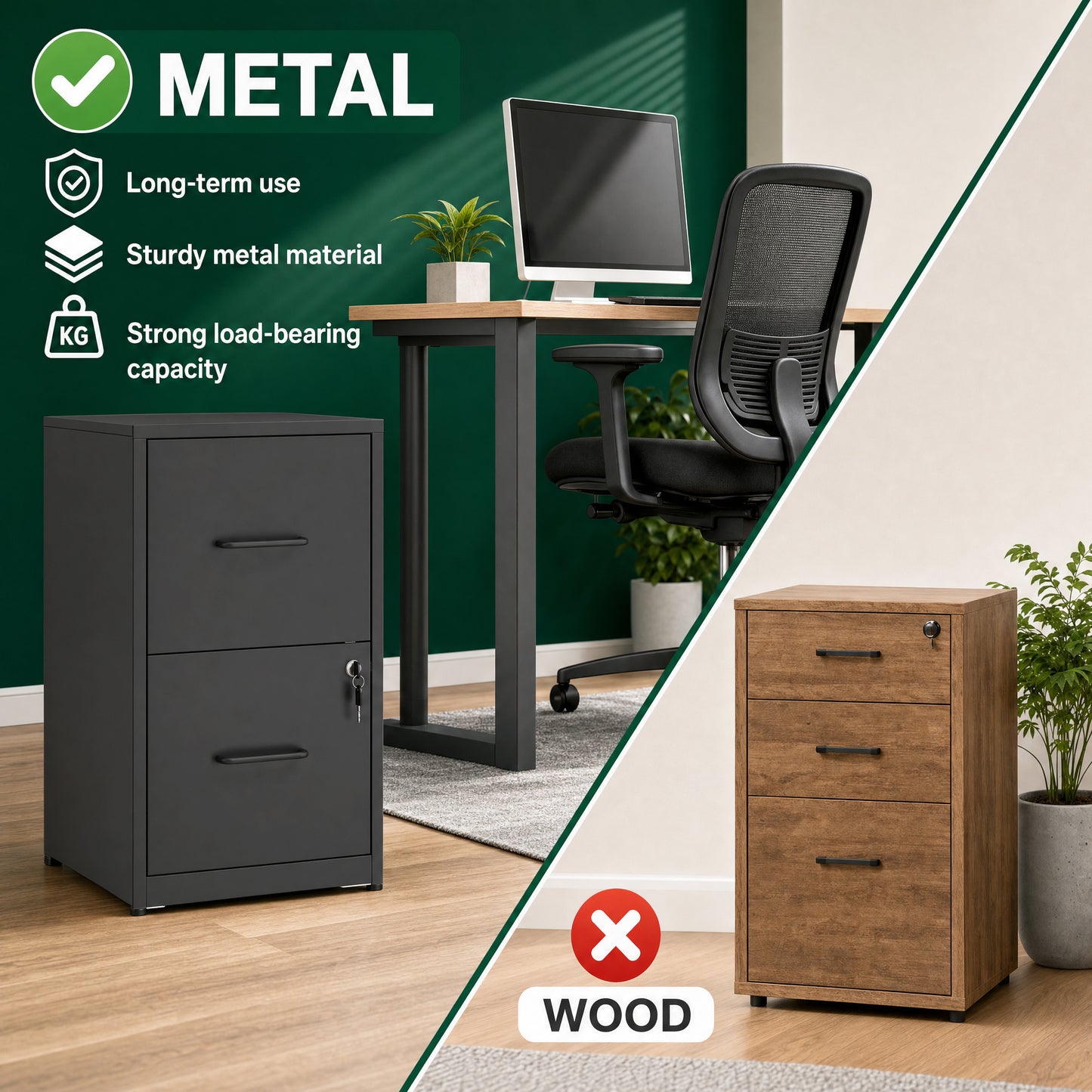 VIYET 2 Drawer Vertical File Cabinet with Lock, Metal Under Desk Filing Cabinet with Anti-Tip Kit, Adjustable Rails for Letter & Legal Files, Black Office Storage