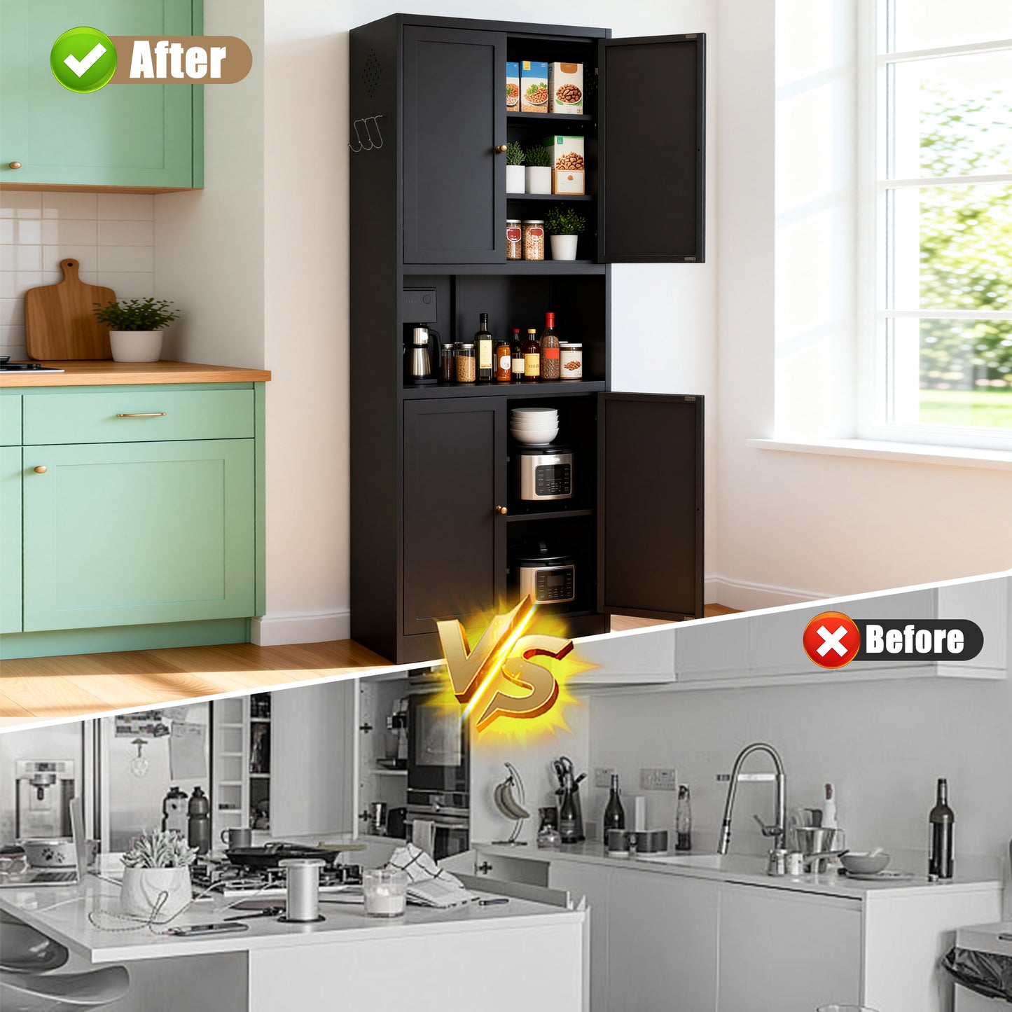 VIYET 72" Black Metal Kitchen Pantry Cabinet with Large Countertop, Adjustable Shelves & Hooks, Freestanding Coffee Bar Storage Cabinet