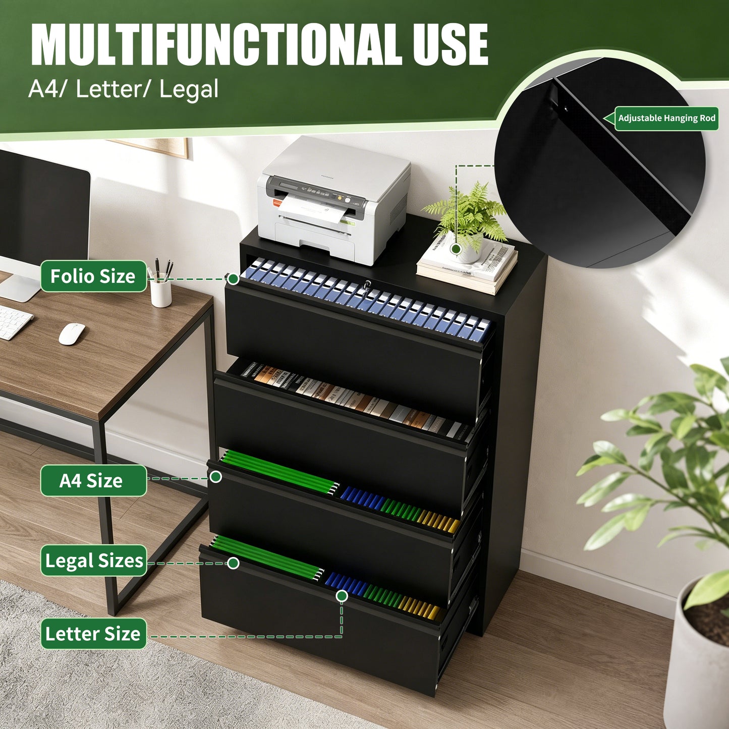 VIYET 4 Drawer Lateral File Cabinet with Lock, Metal Filing Cabinet for Home Office, Steel File Cabinet Fits Letter, Legal, A4 & F4 Hanging Files, Black
