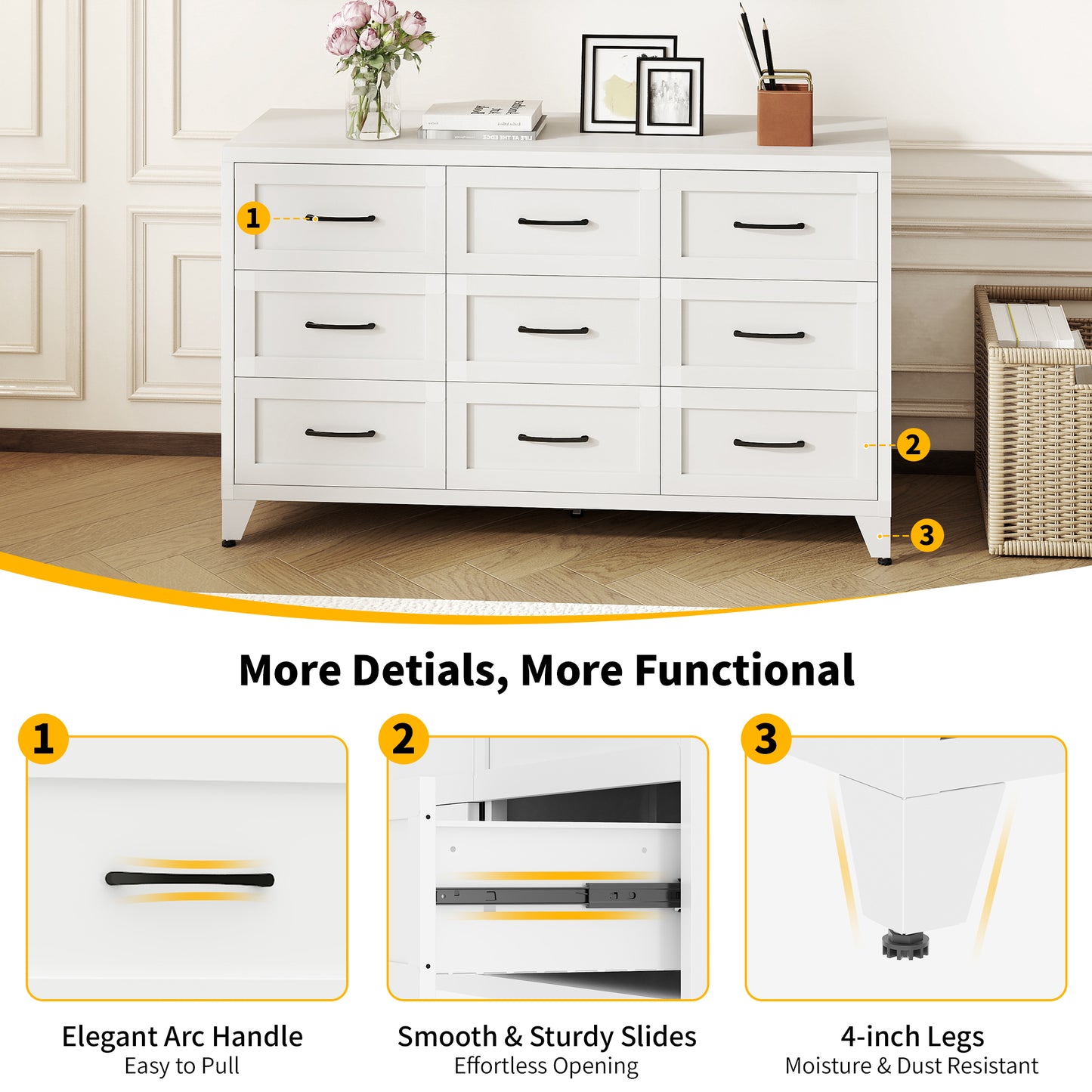 VIYET 9-Drawer Wide Dresser, White Bedroom Storage Chest with Smooth-Glide Drawers for Closet, Hallway & Entryway