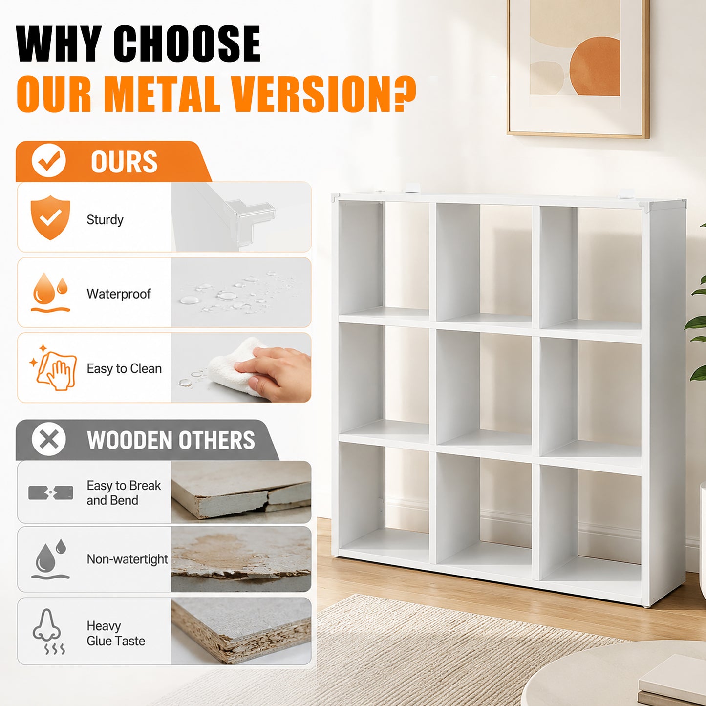 VIYET 9-Cube Metal Bookcase, 41"H Open Storage Organizer with 9 Cubes, Freestanding Display Shelf
