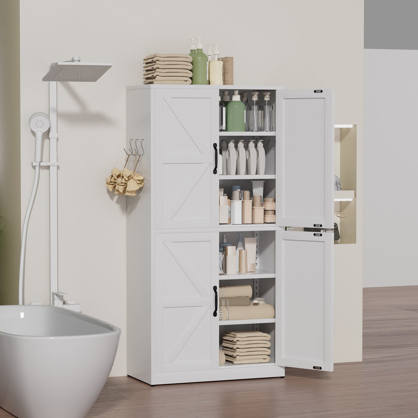 VIYET 64"H Heavy-Duty White Steel Pantry Cabinet,55LBS/Shelf Adjustable Shelves+Magnetic Door,for Kitchen/Bathroom/Living Room