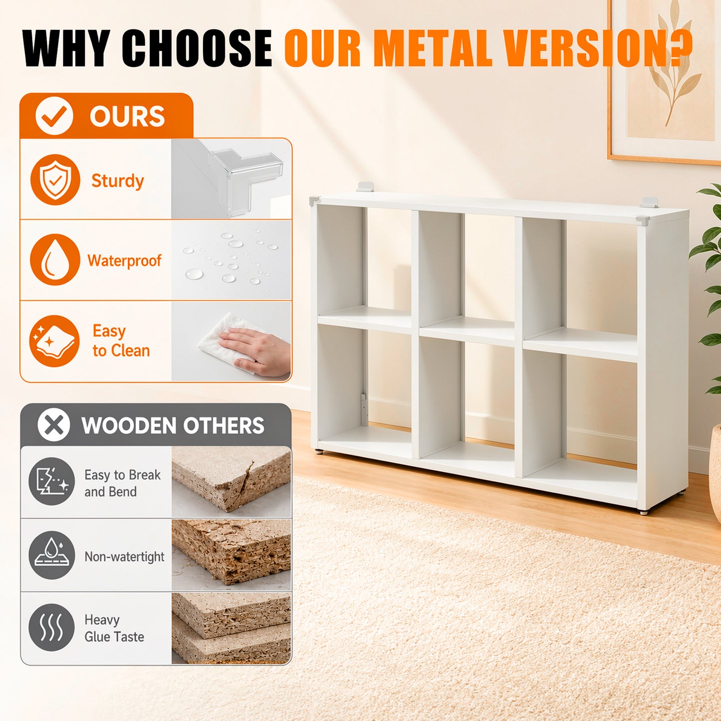 VIYET 6-Cube Metal Bookcase, 41"H Open Storage Organizer with 6 Cubes, Freestanding Display Shelf